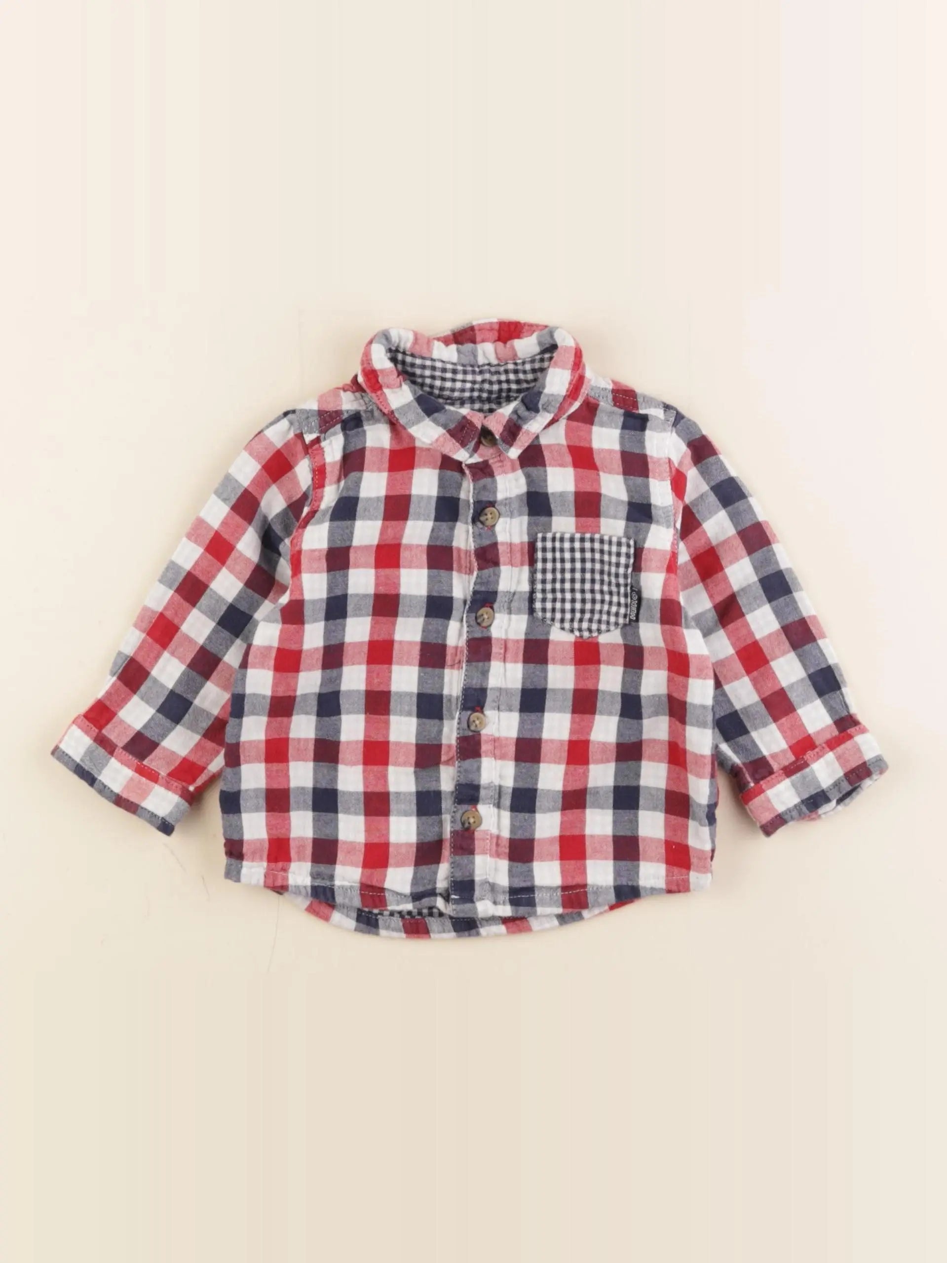 Vertbaudet - chemise blanc, bleu, rouge - 9 mois