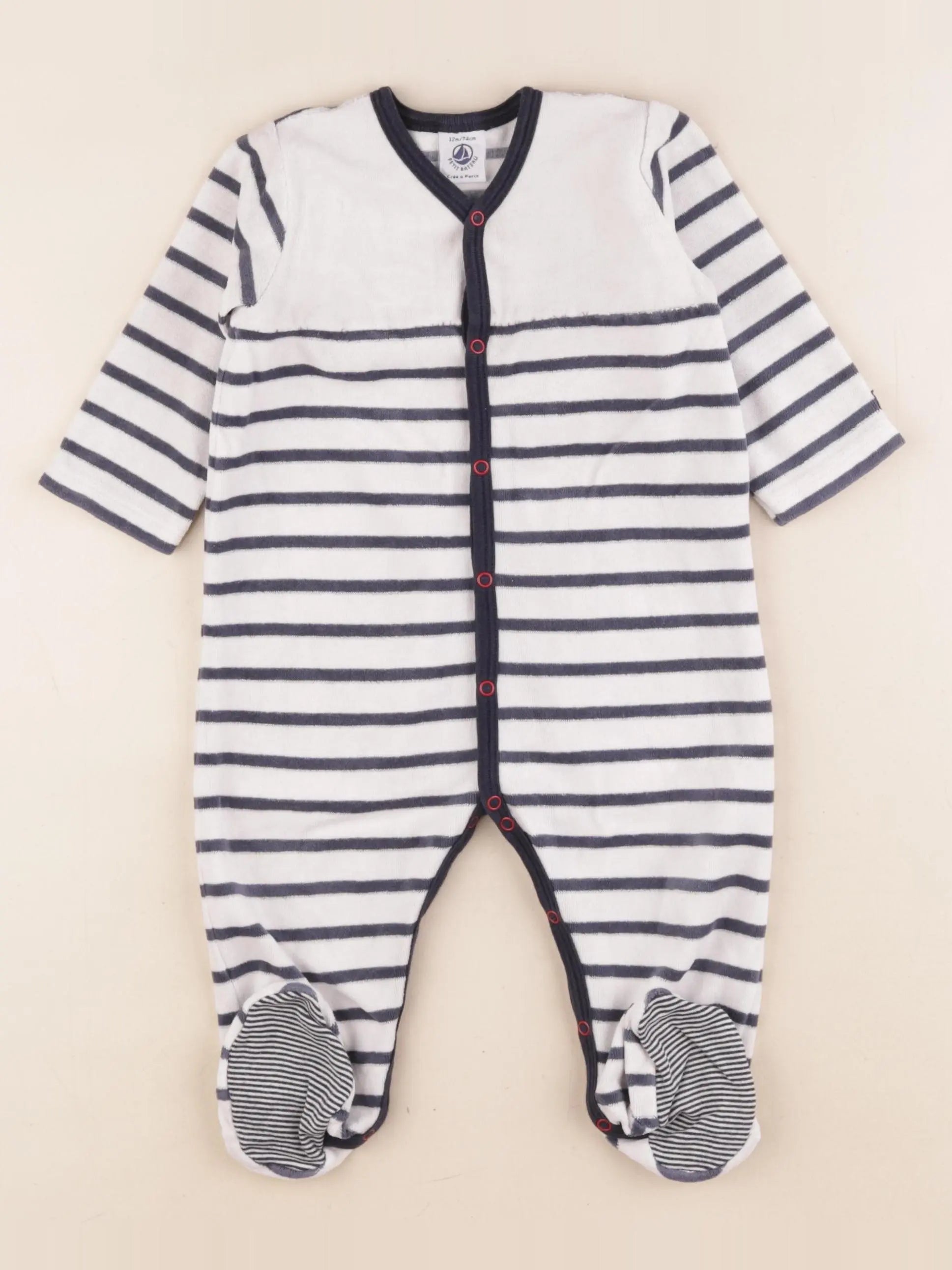 Petit Bateau - pyjama velours bleu, blanc - 12 mois