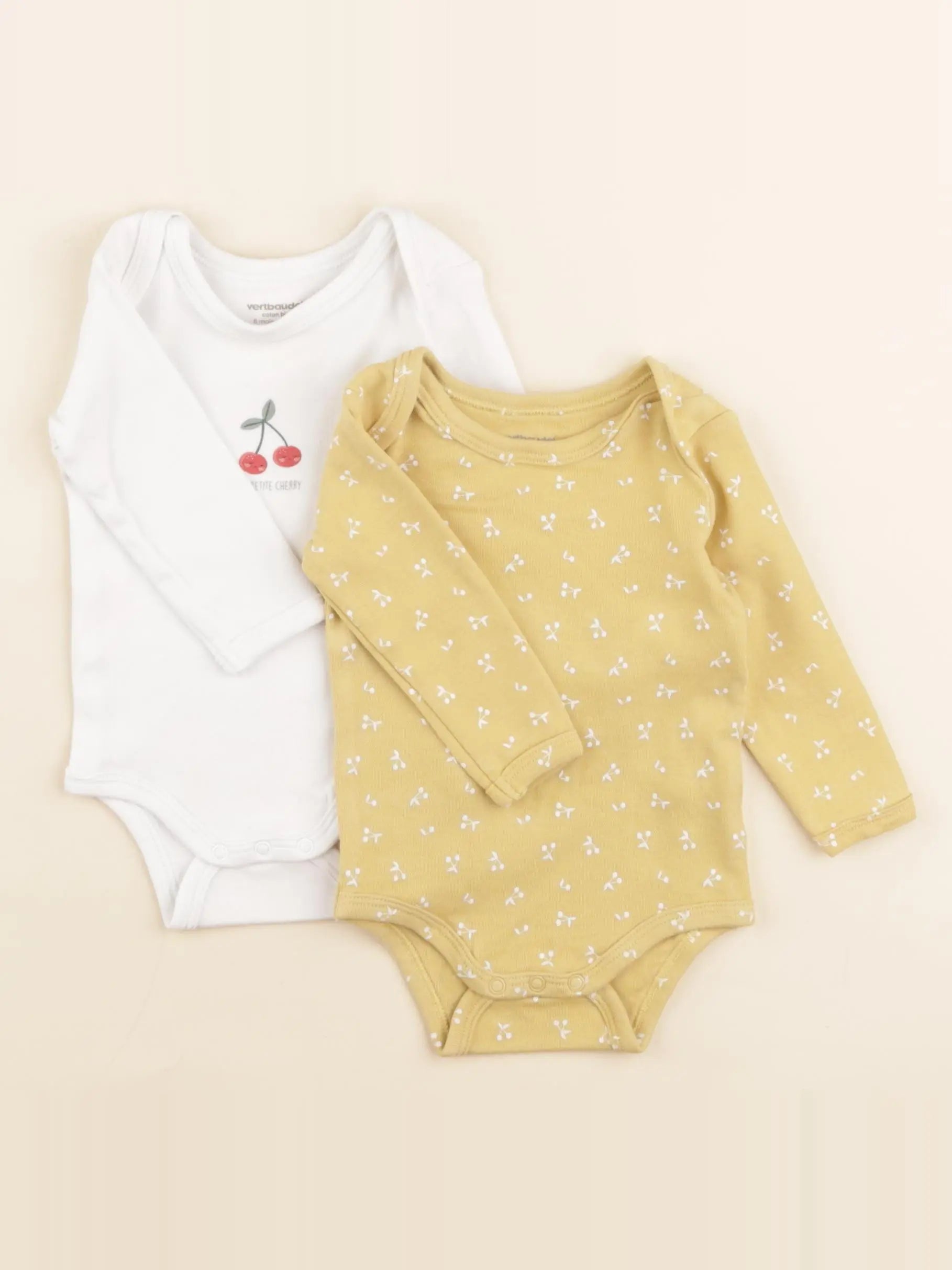 Vertbaudet - lot de 2 bodies en coton jaune, blanc - 6 mois