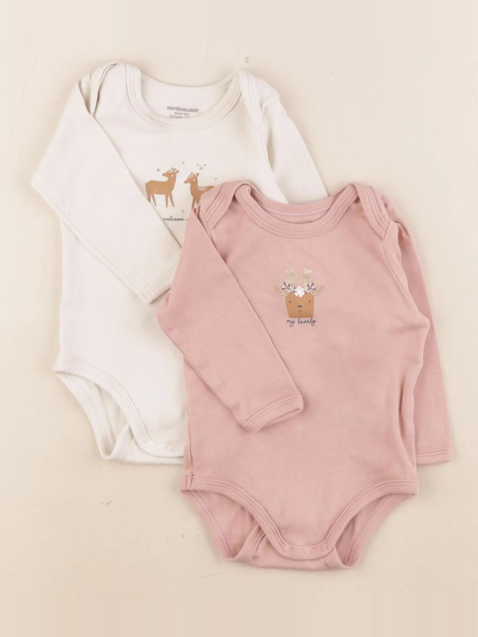 Vertbaudet - lot de 2 bodies en coton beige, rose - 12 mois