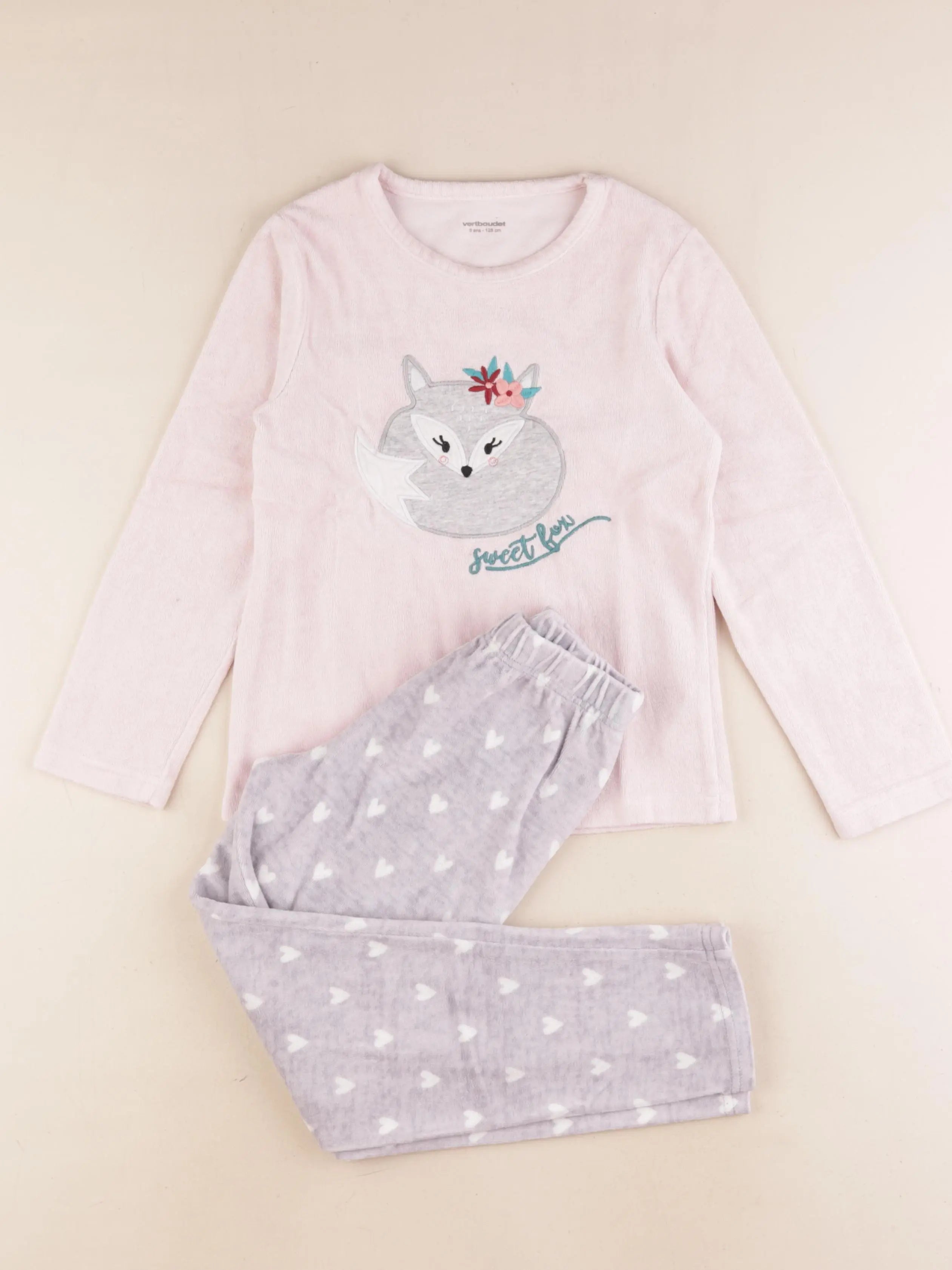 Vertbaudet - pyjama velours rose, gris - 8 ans