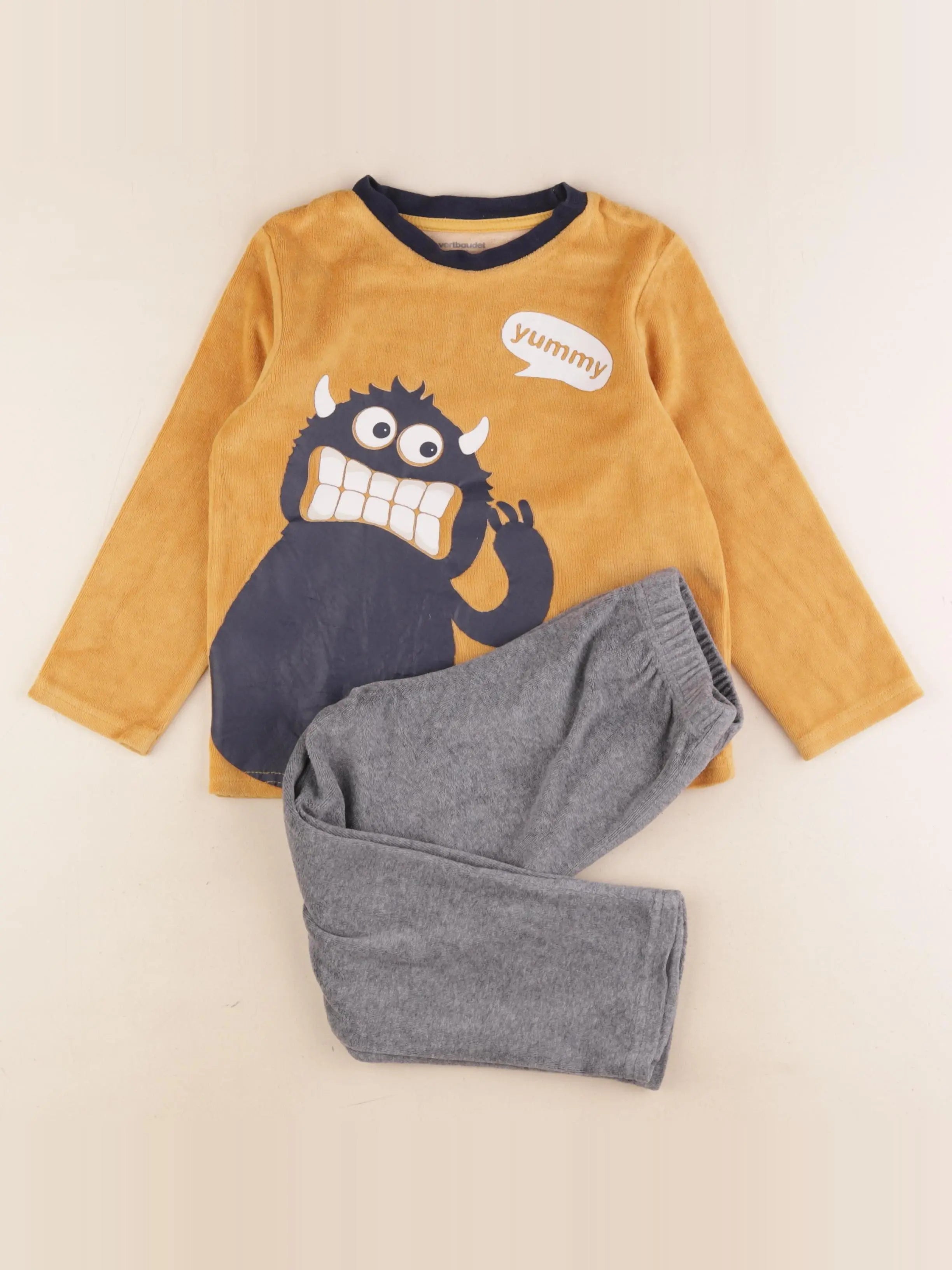 Vertbaudet - pyjama velours jaune, gris - 5 ans