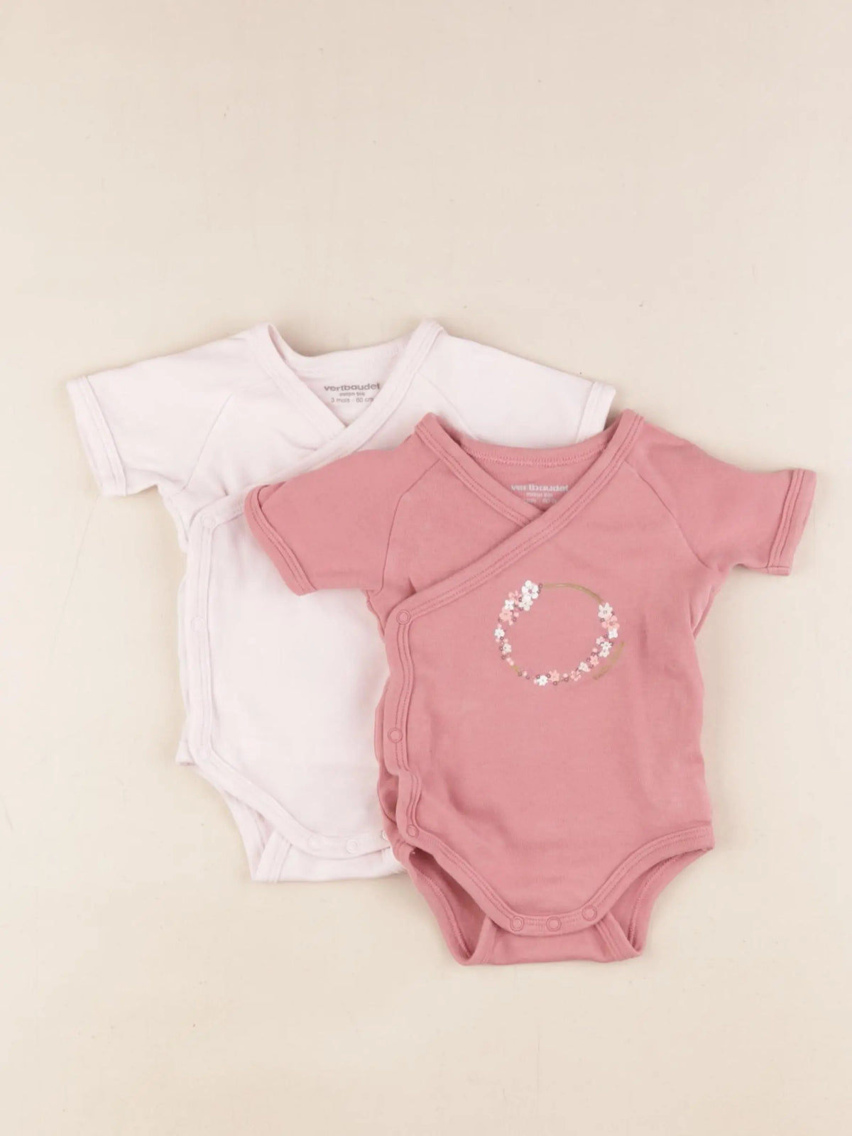 Vertbaudet - lot de 2 bodies en coton rose - 3 mois