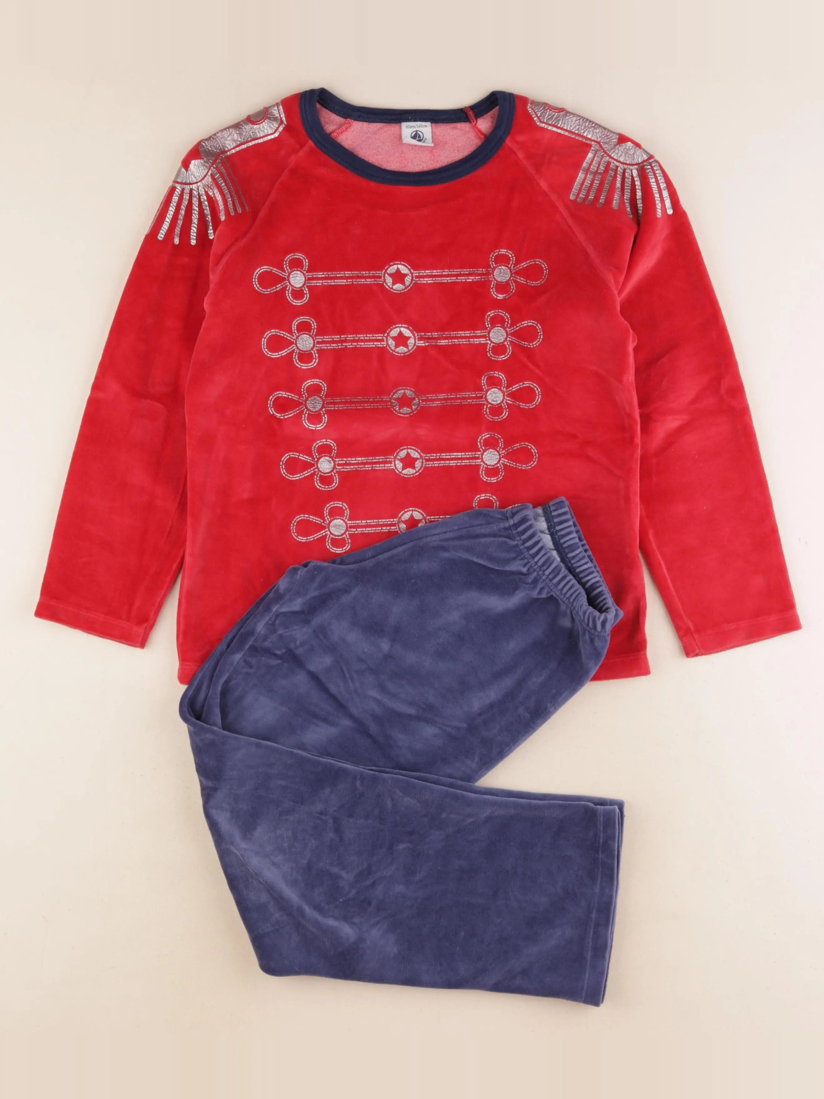 Petit Bateau - pyjama velours bleu, rouge - 10 ans