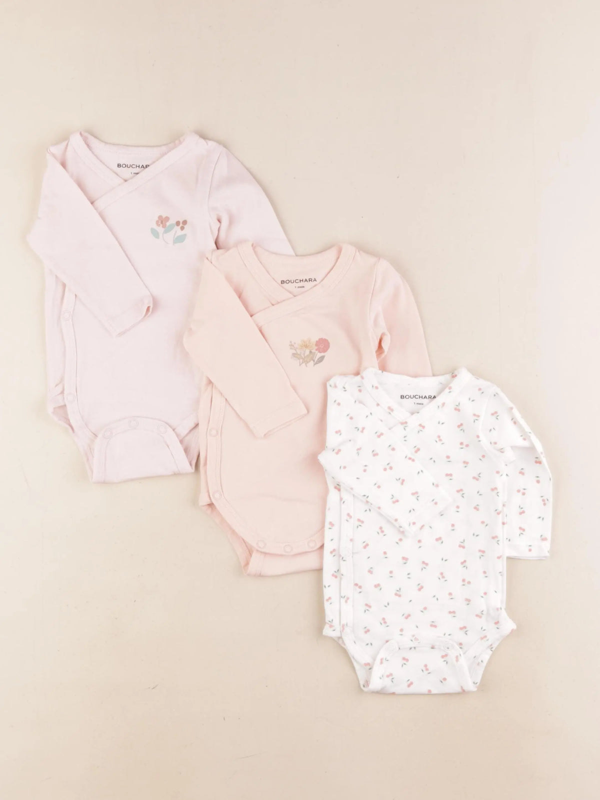 Bouchara - lot de 3 bodies en coton blanc, rose - 1 mois