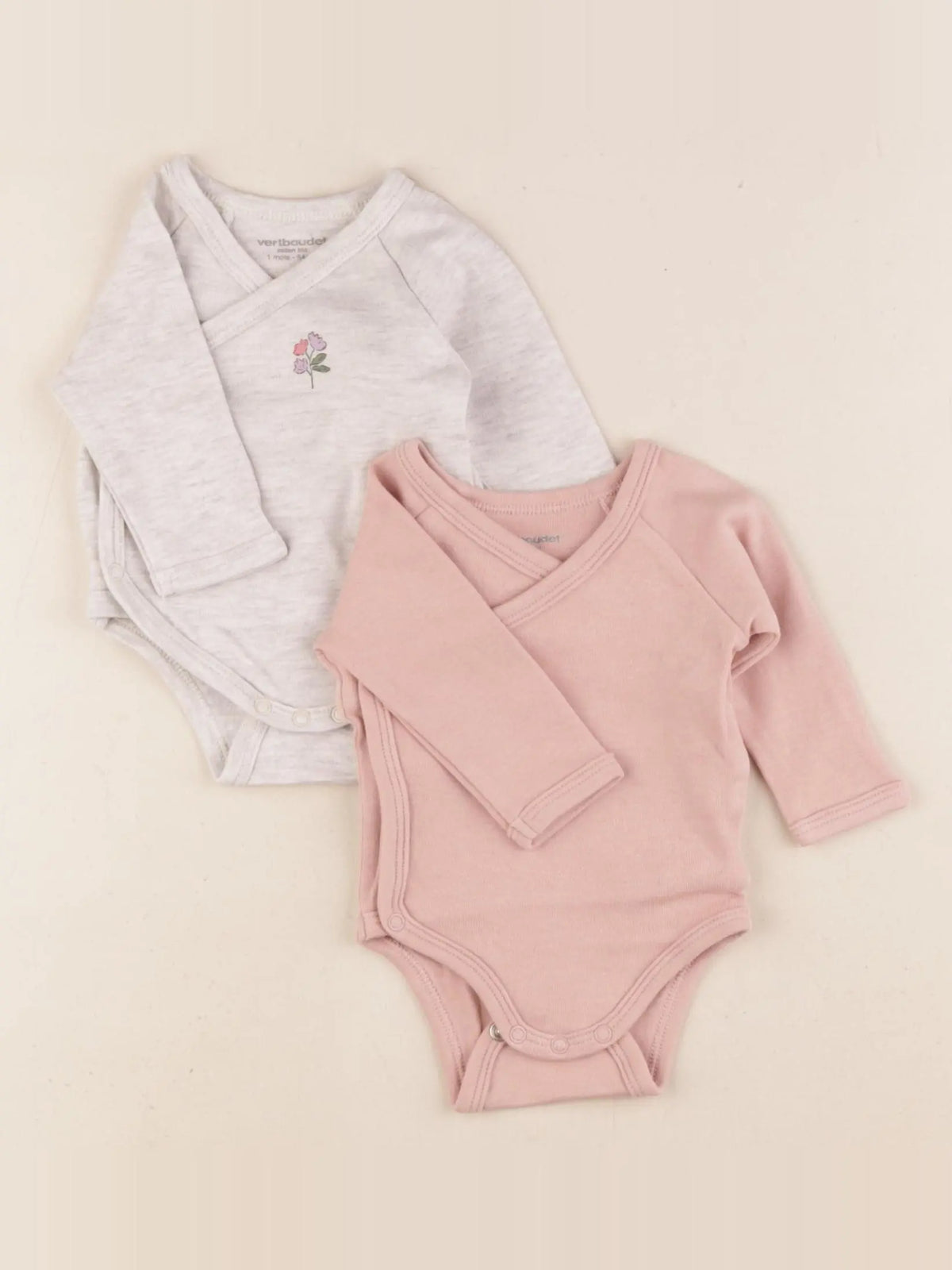 Vertbaudet - lot de 2 bodies en coton rose, gris - 1 mois