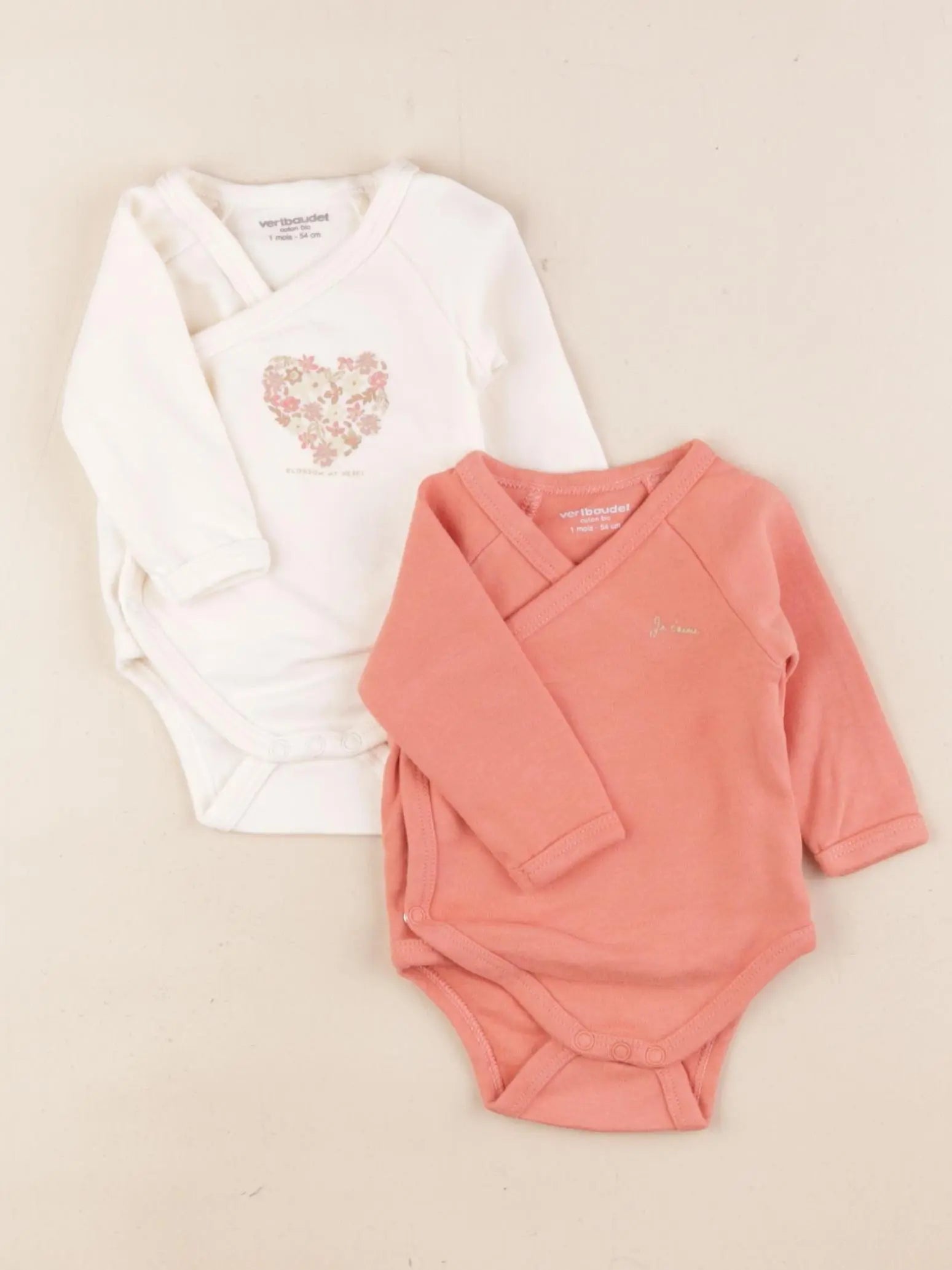 Vertbaudet - lot de 2 bodies en coton orange, beige - 1 mois
