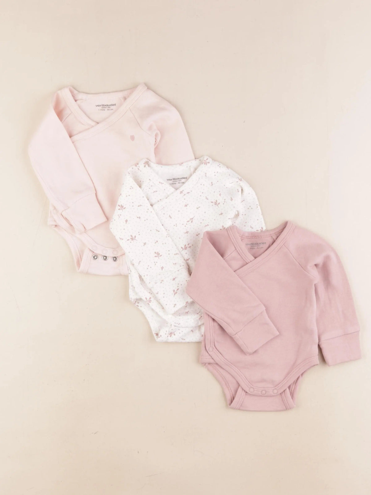 Vertbaudet - lot de 3 bodies en coton rose - 1 mois