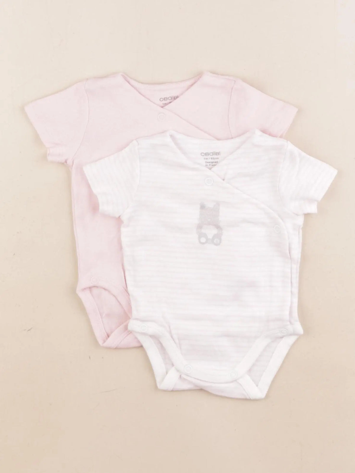 Obaïbi - lot de 2 bodies en coton rose, blanc - 1 mois