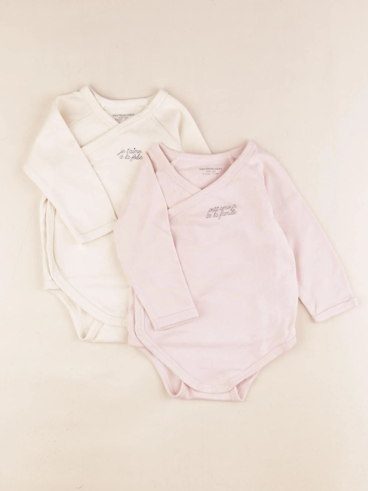 Vertbaudet - lot de 2 bodies en coton beige, rose - 9 mois