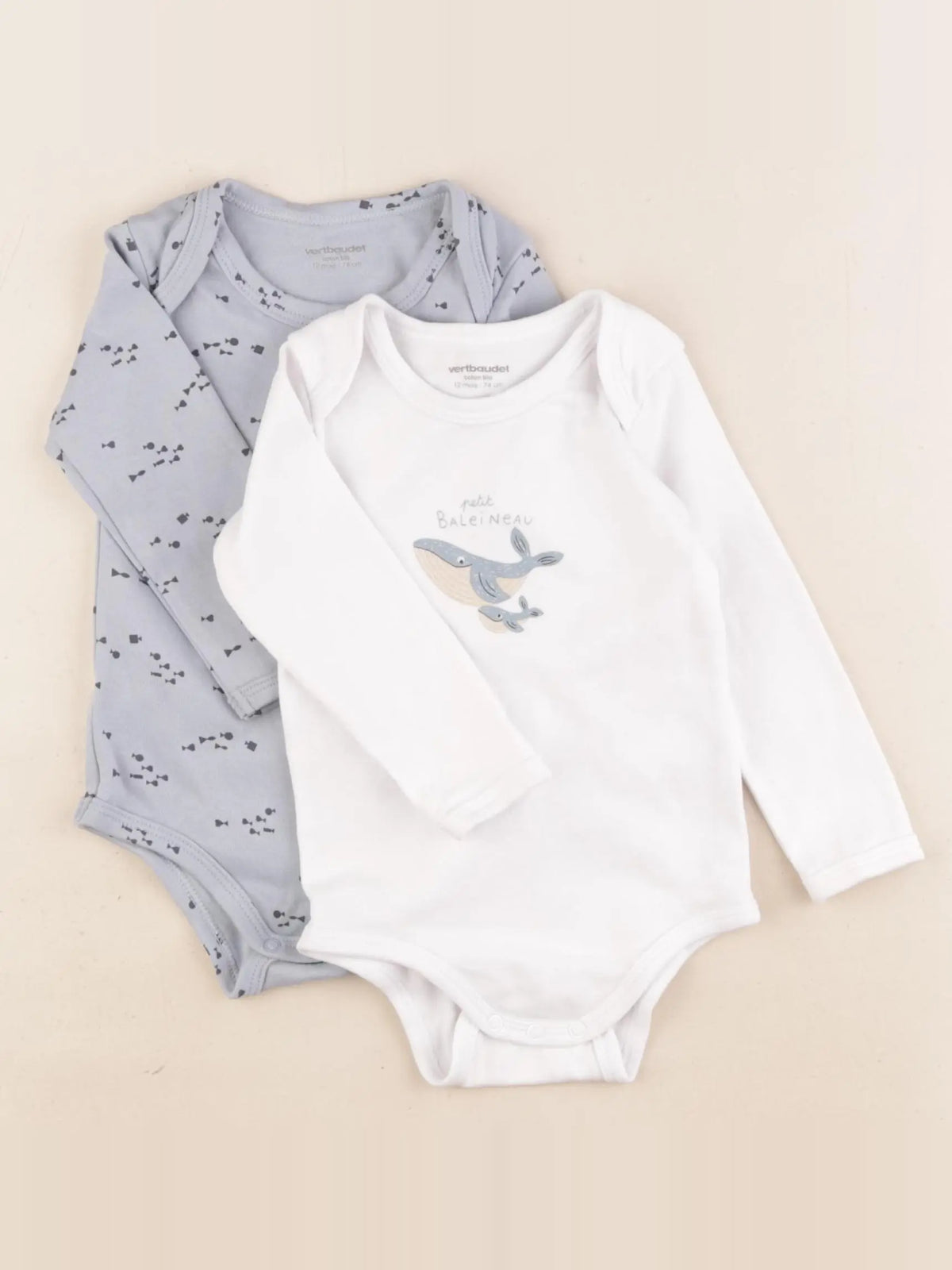 Vertbaudet - lot de 2 bodies en coton blanc, bleu - 12 mois