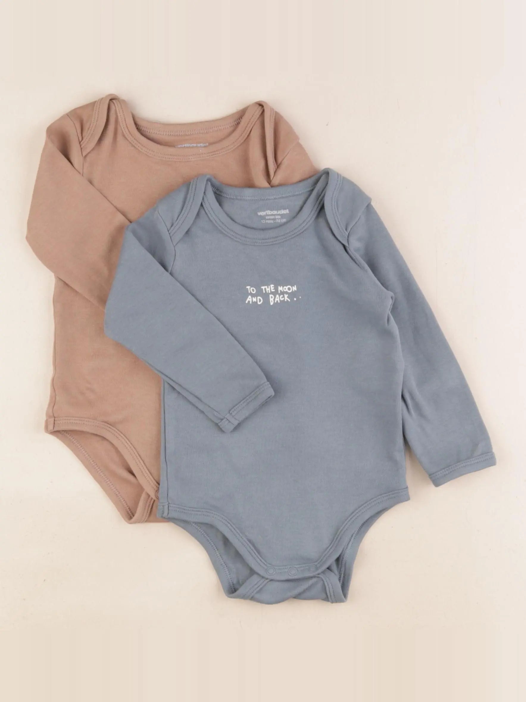 Vertbaudet - lot de 2 bodies en coton bleu, marron - 12 mois