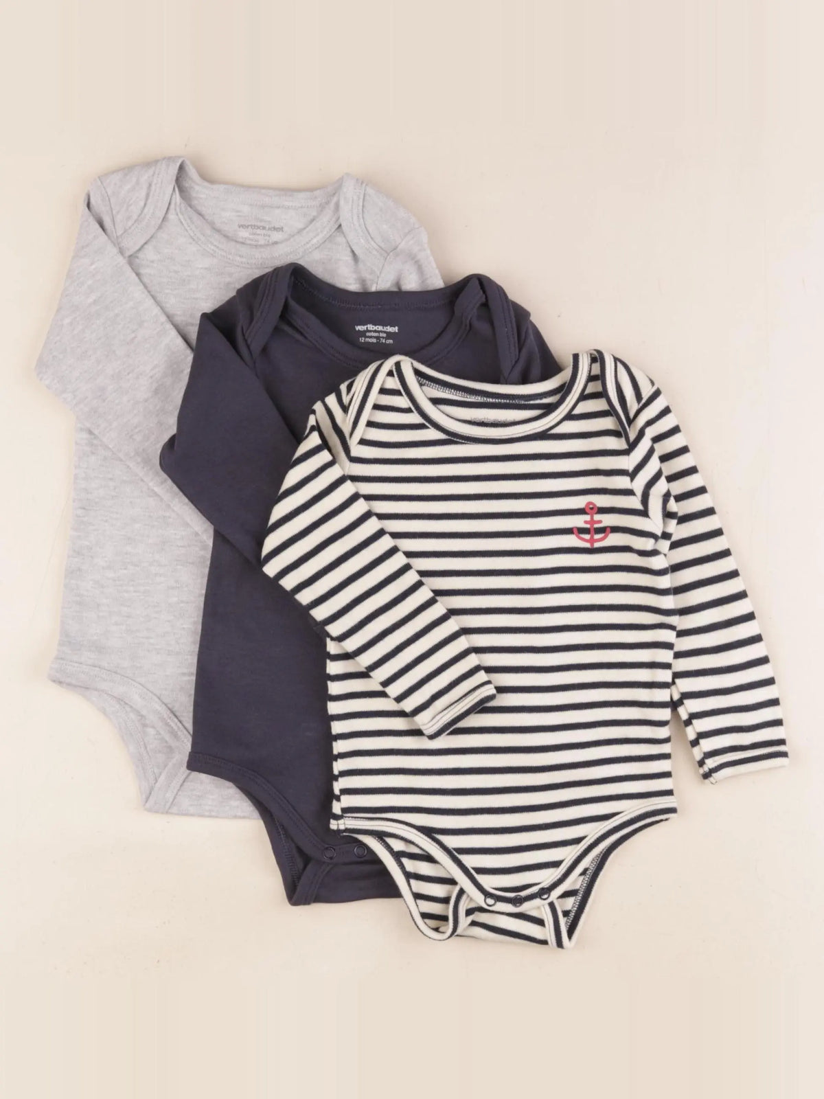 Vertbaudet - lot de 3 bodies en coton multicolore - 12 mois