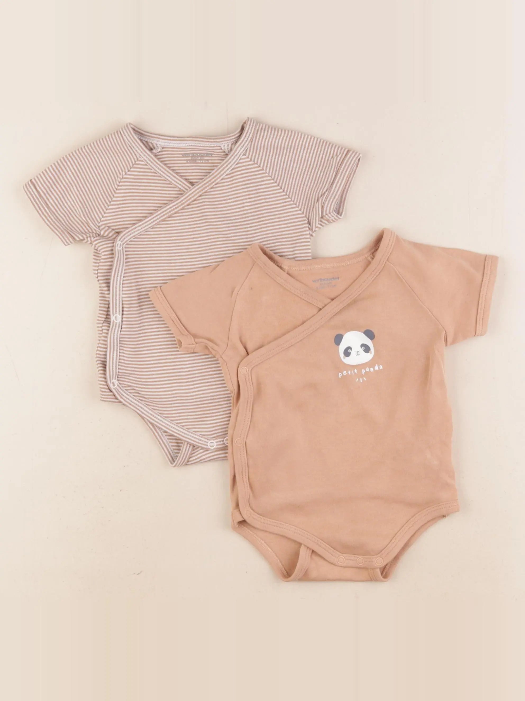 Vertbaudet - lot de 2 bodies en coton marron, beige - 9 mois