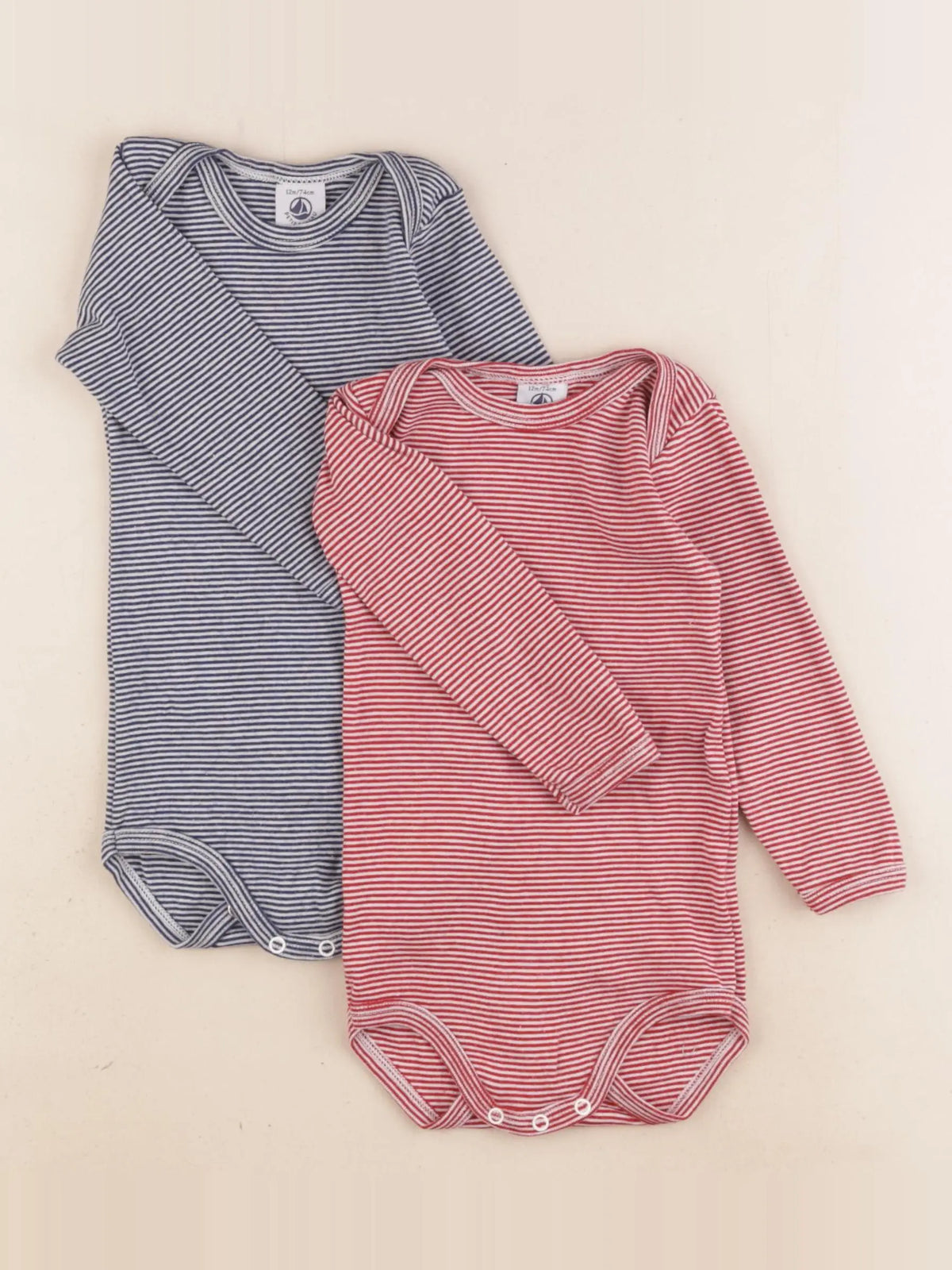 Petit Bateau - lot de 2 bodies en coton bleu, rouge - 12 mois