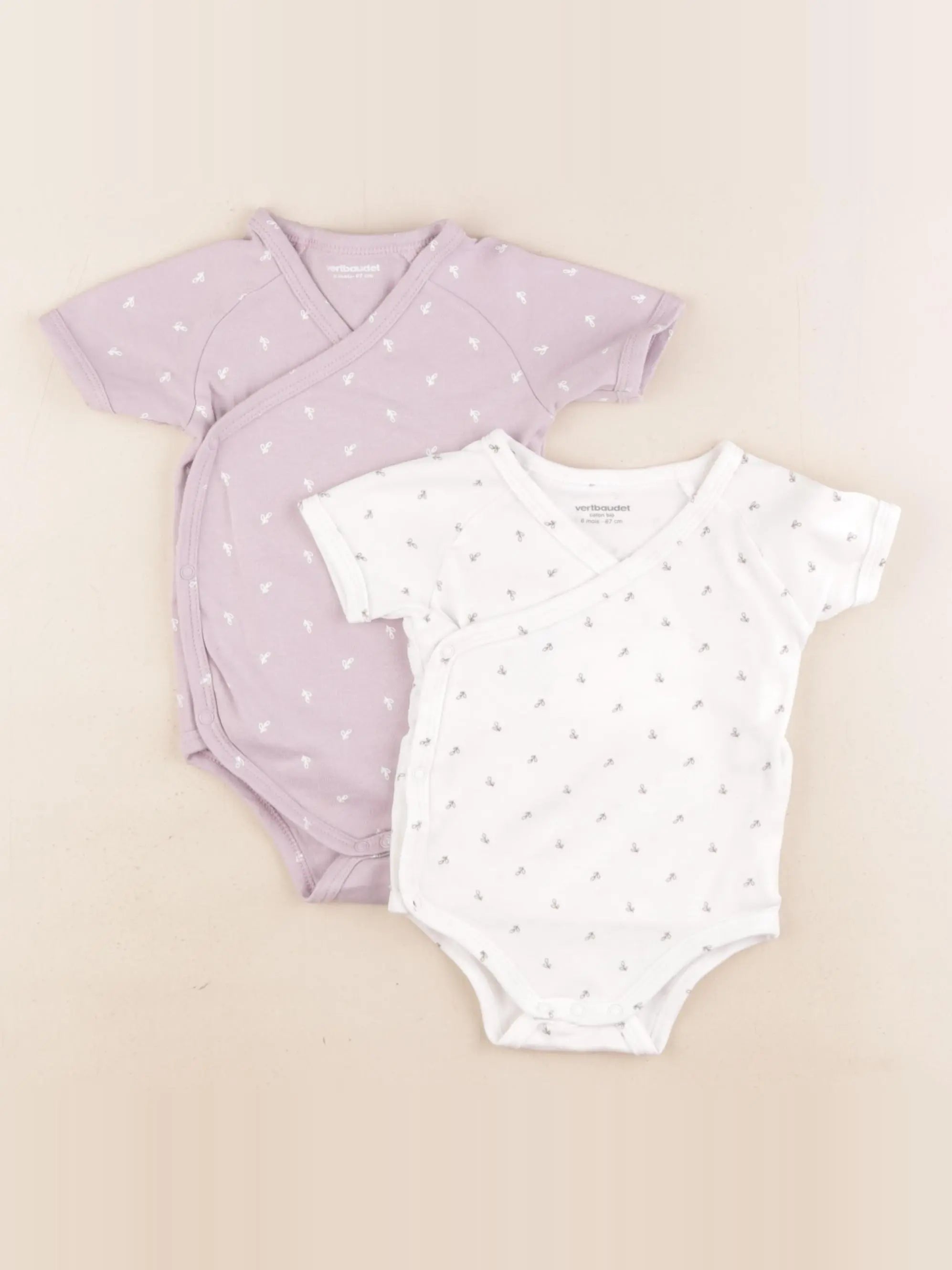 Vertbaudet - lot de 2 bodies en coton blanc, violet - 6 mois