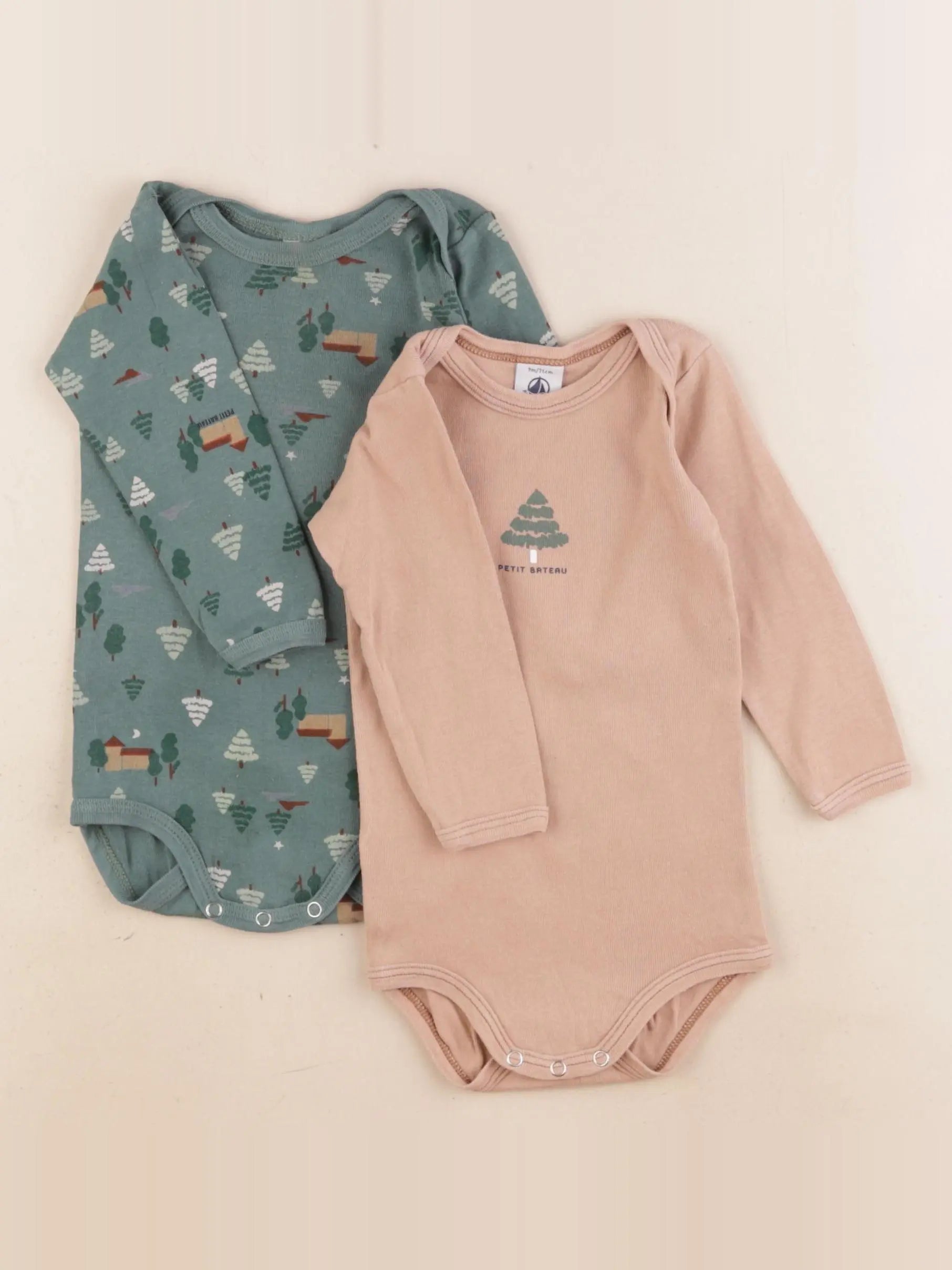 Petit Bateau - lot de 2 bodies en coton beige, vert - 9 mois