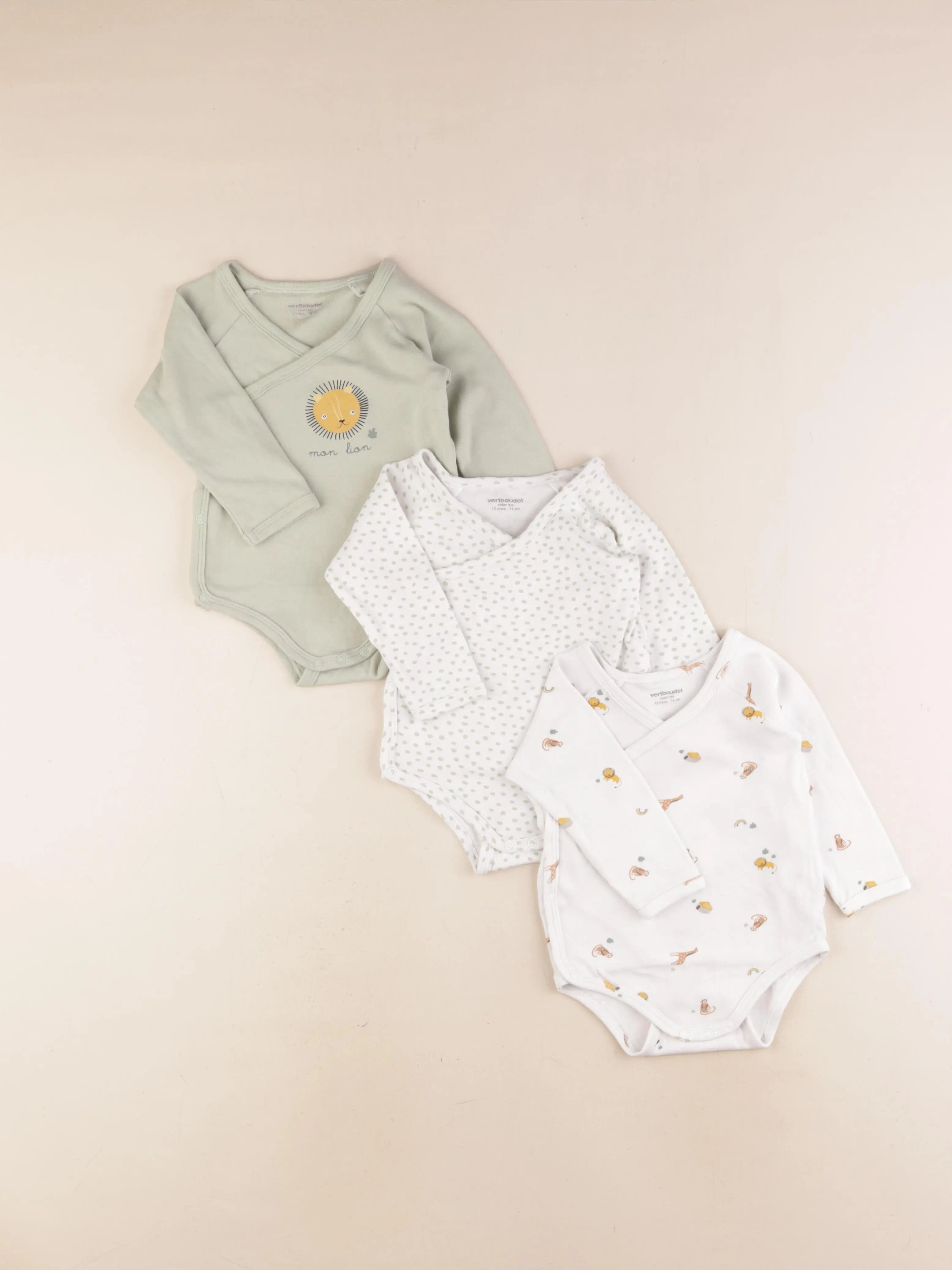 Vertbaudet - lot de 3 bodies en coton blanc, vert - 1 an