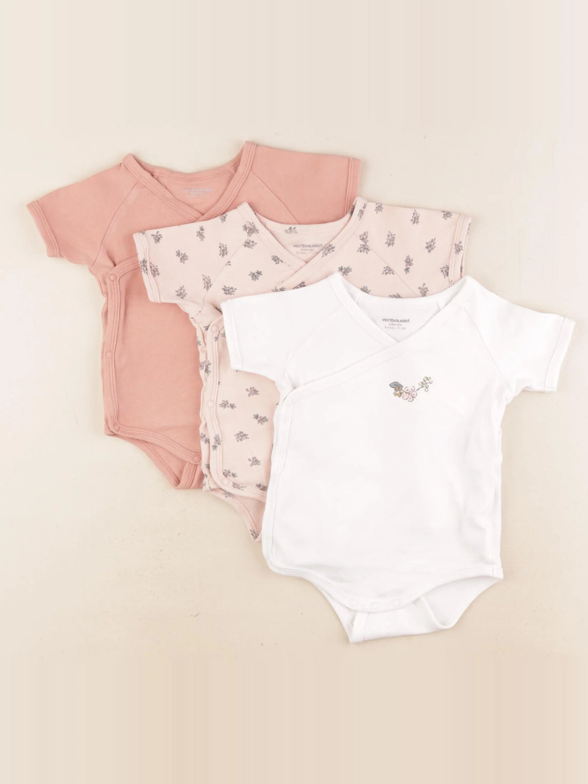 Vertbaudet - lot de 3 bodies en coton rose, blanc - 9 mois