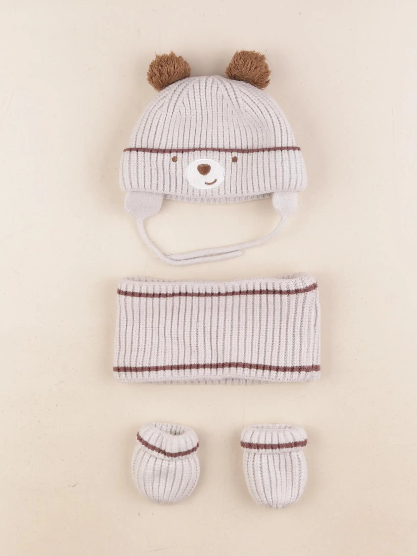 Vertbaudet - ensemble bonnet/moufles/tour de cou gris, marron - 3/6 mois