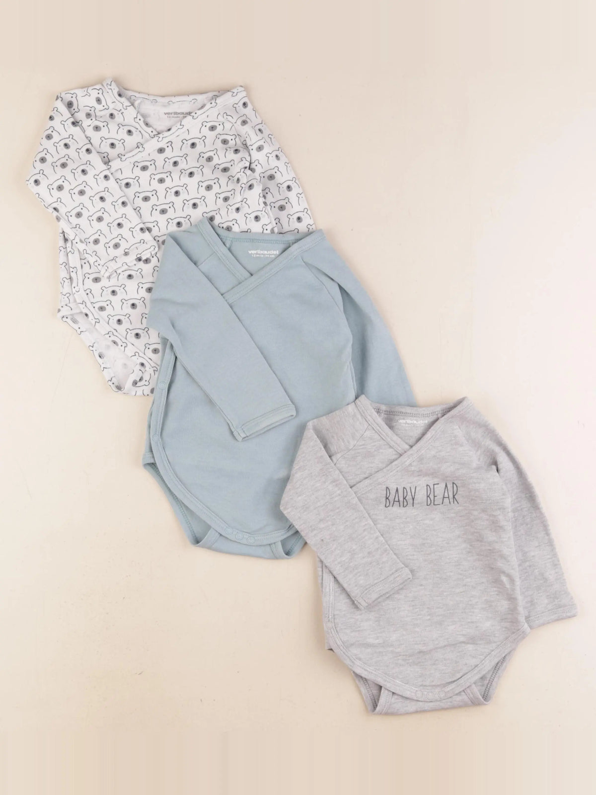 Vertbaudet - lot de 3 bodies en coton bleu, gris - 12 mois