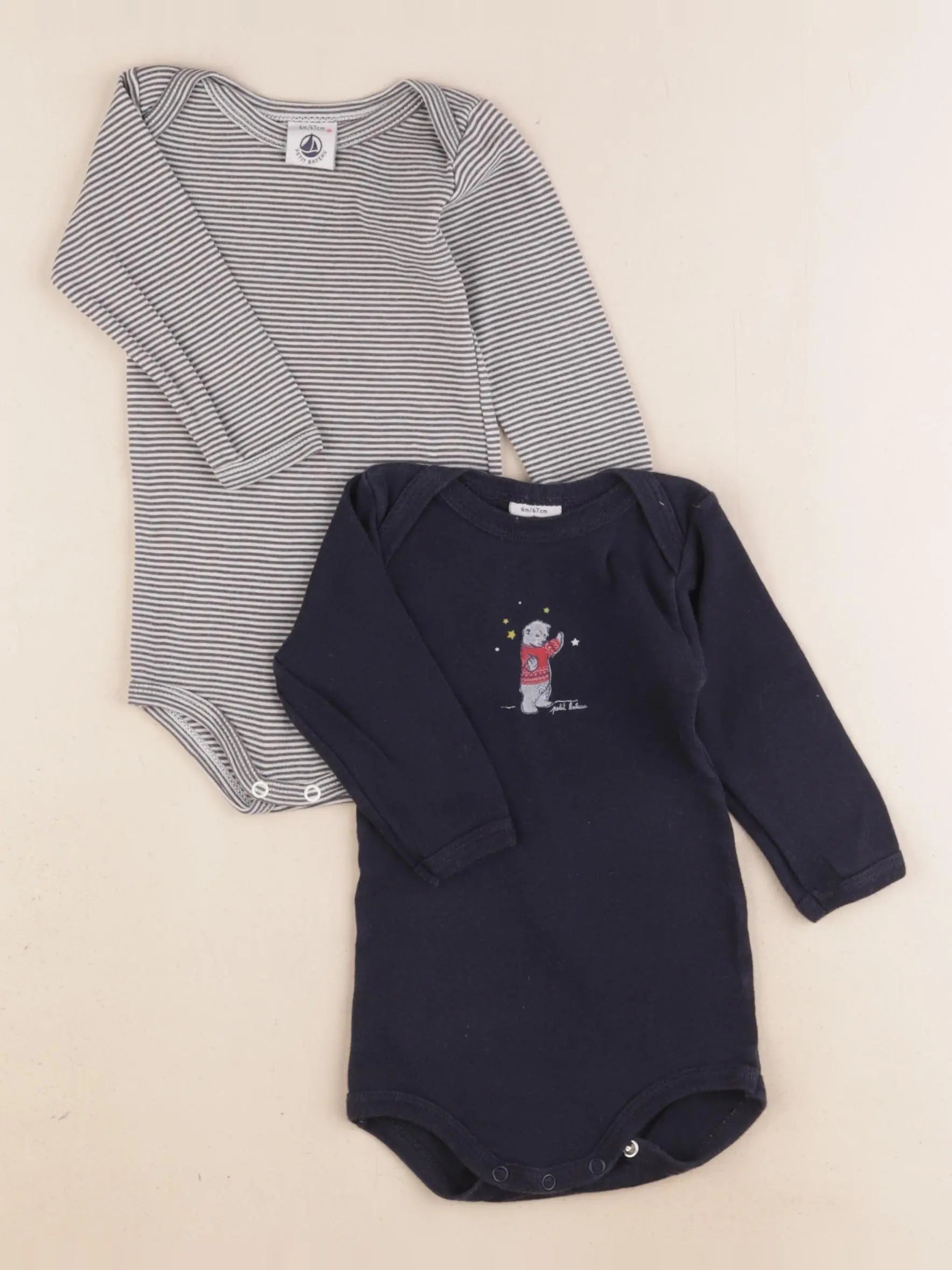 Petit Bateau - lot de 2 bodies en coton bleu, gris - 6 mois