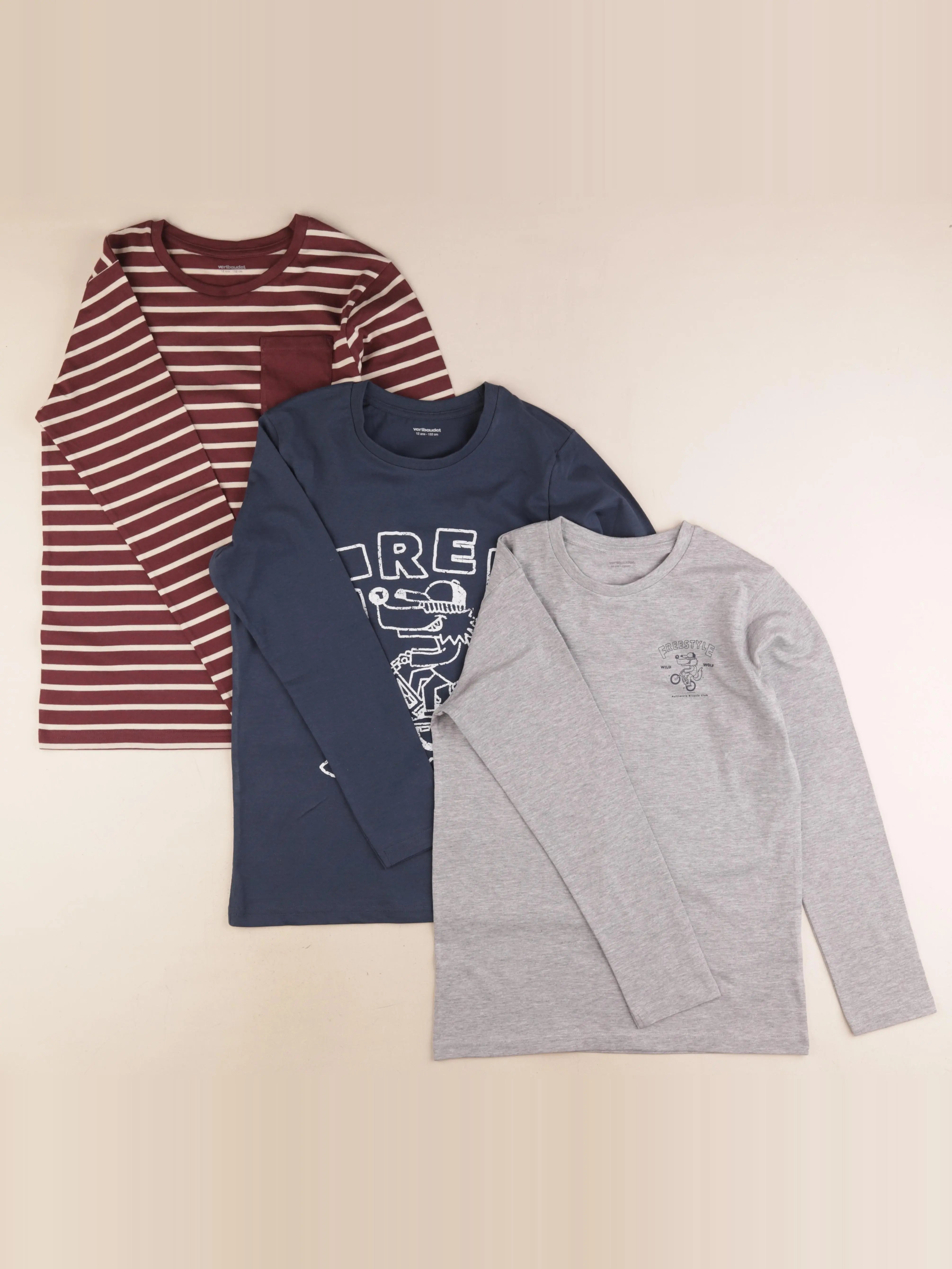 Vertbaudet - lot de 3 tee-shirts bleu, rouge, gris - 12 ans