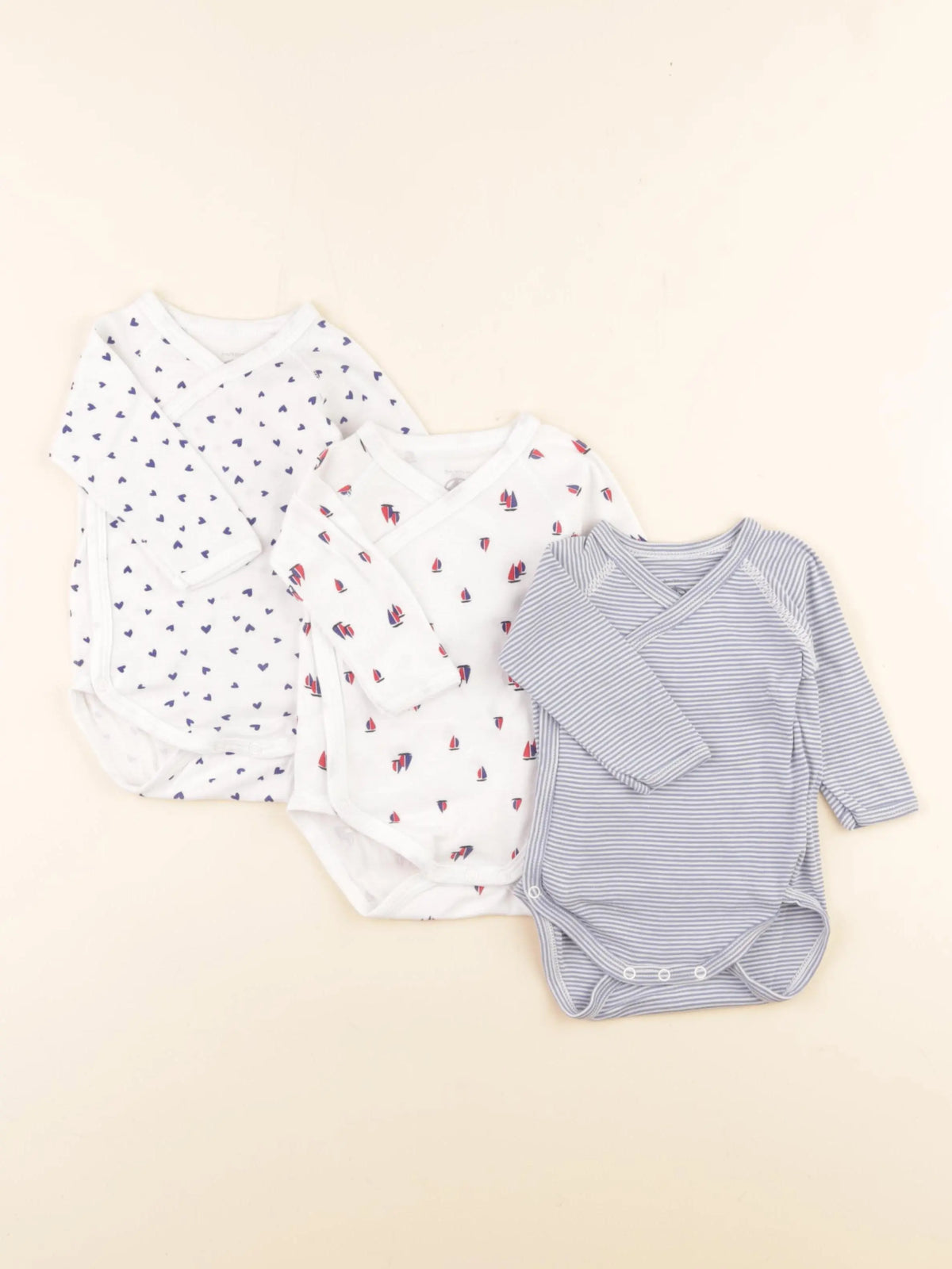 Petit Bateau - lot de 3 bodies en coton blanc, bleu - 3 mois