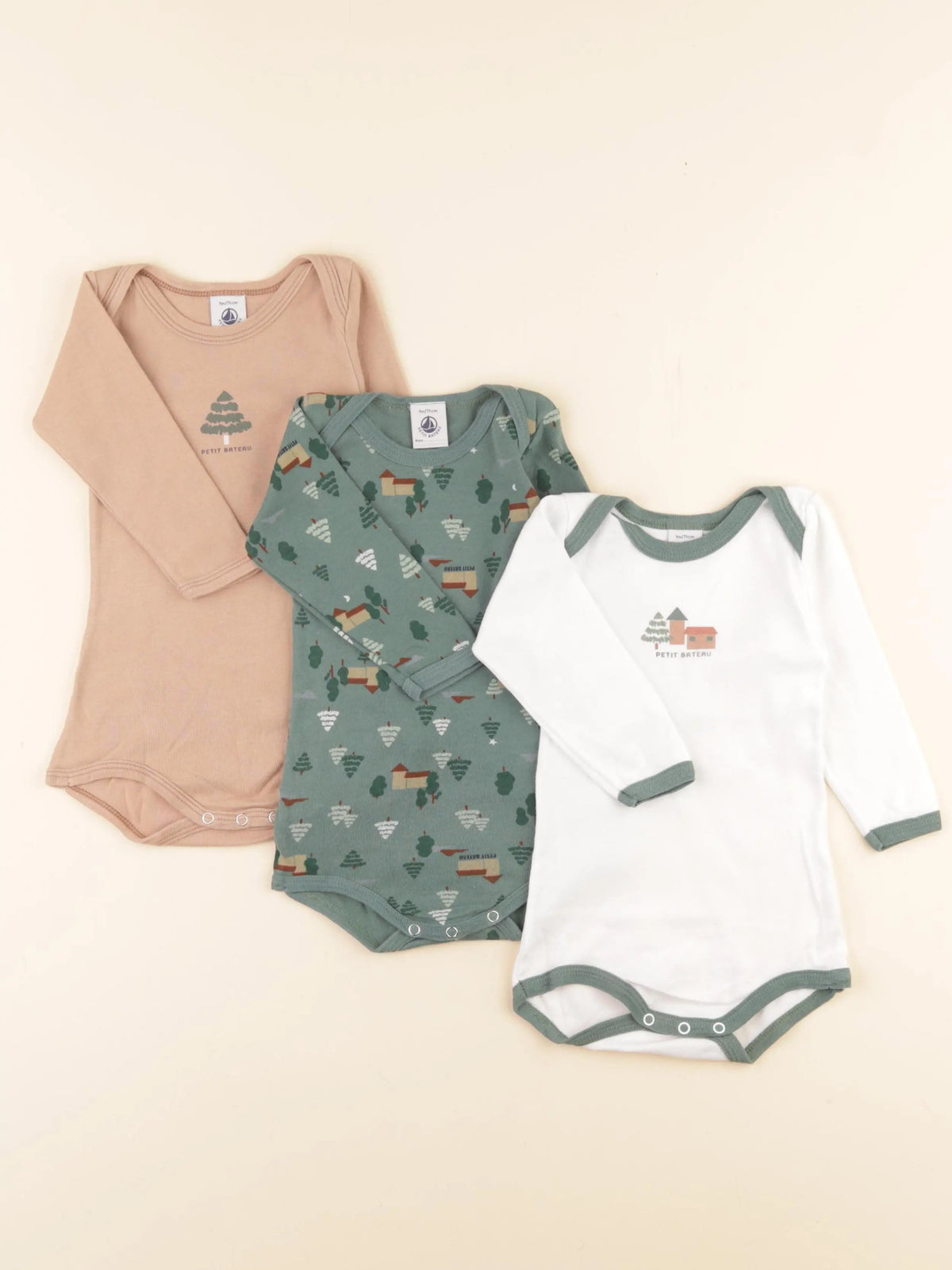 Petit Bateau - lot de 3 bodies en coton blanc, vert, beige - 9 mois