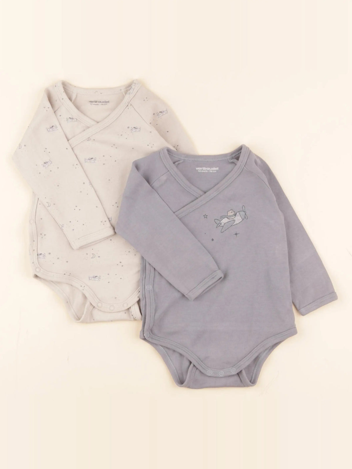 Vertbaudet - lot de 2 bodies en coton bleu, beige - 12 mois