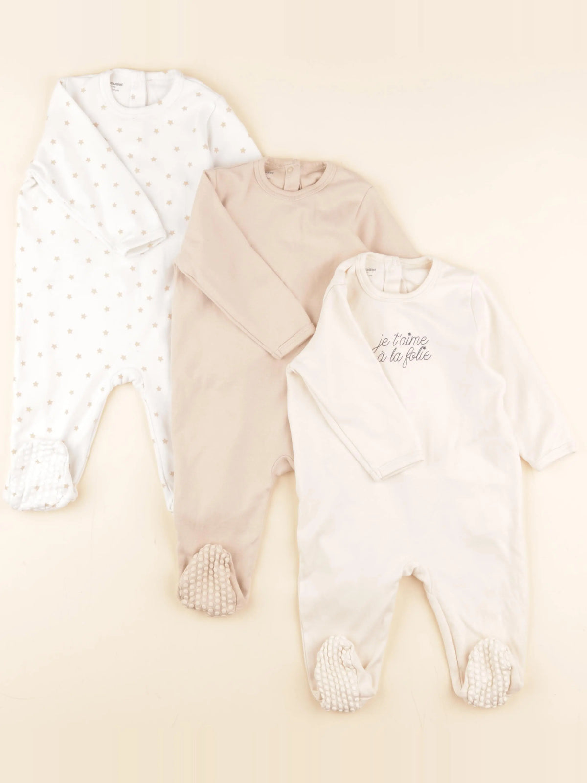 Vertbaudet - lot de 3 pyjamas coton beige, blanc - 12 mois