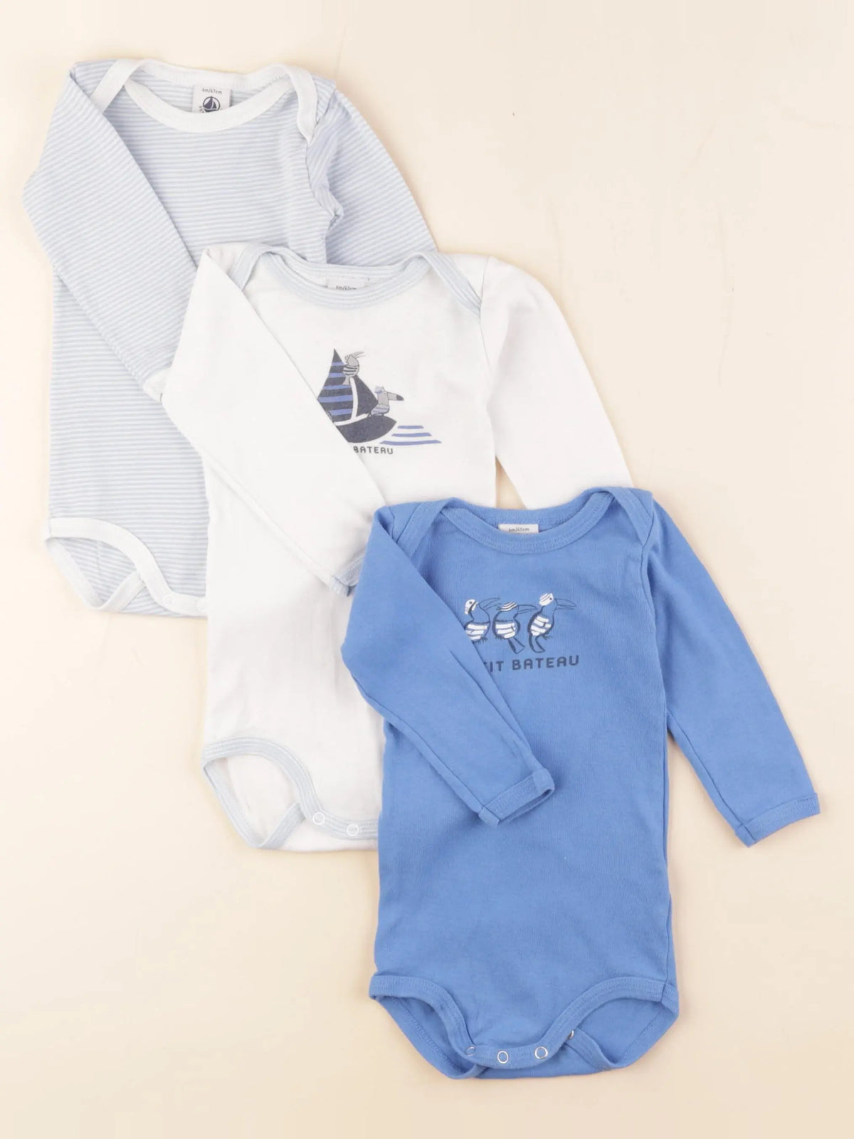 Petit Bateau - lot de 3 bodies en coton blanc, bleu - 6 mois