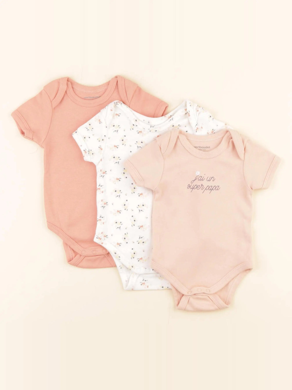 Vertbaudet - lot de 3 bodies en coton blanc, rose - 3 mois