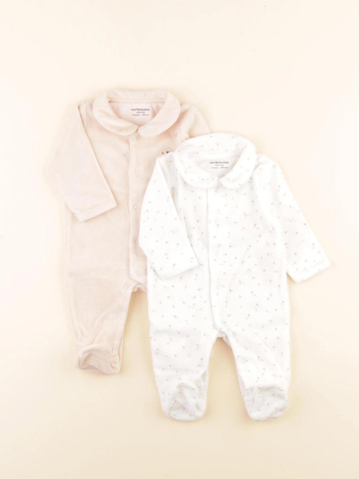 Vertbaudet - lot de 2 pyjamas velours rose, blanc - 3 mois