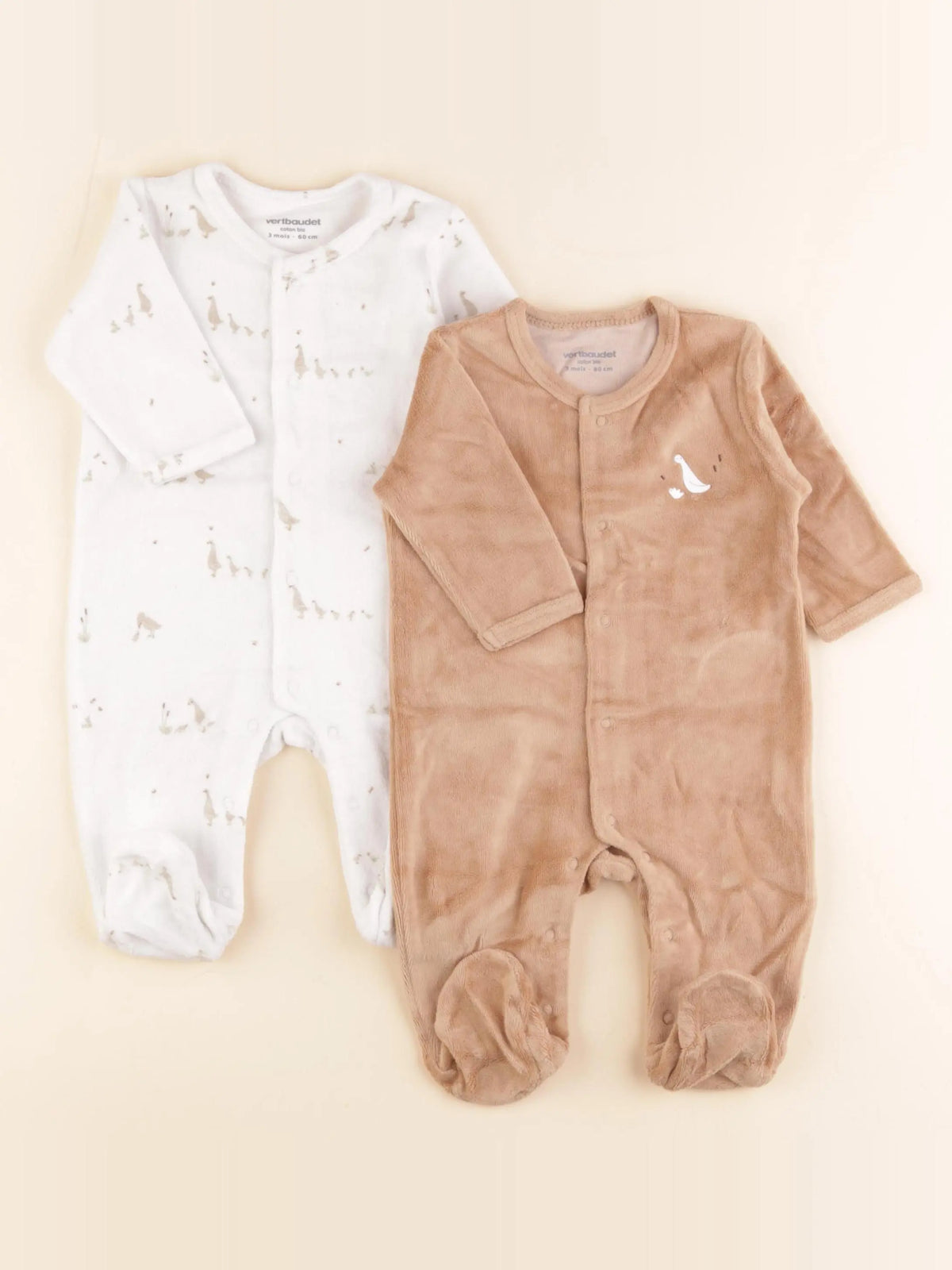 Vertbaudet - pyjama velours marron, beige - 3 mois