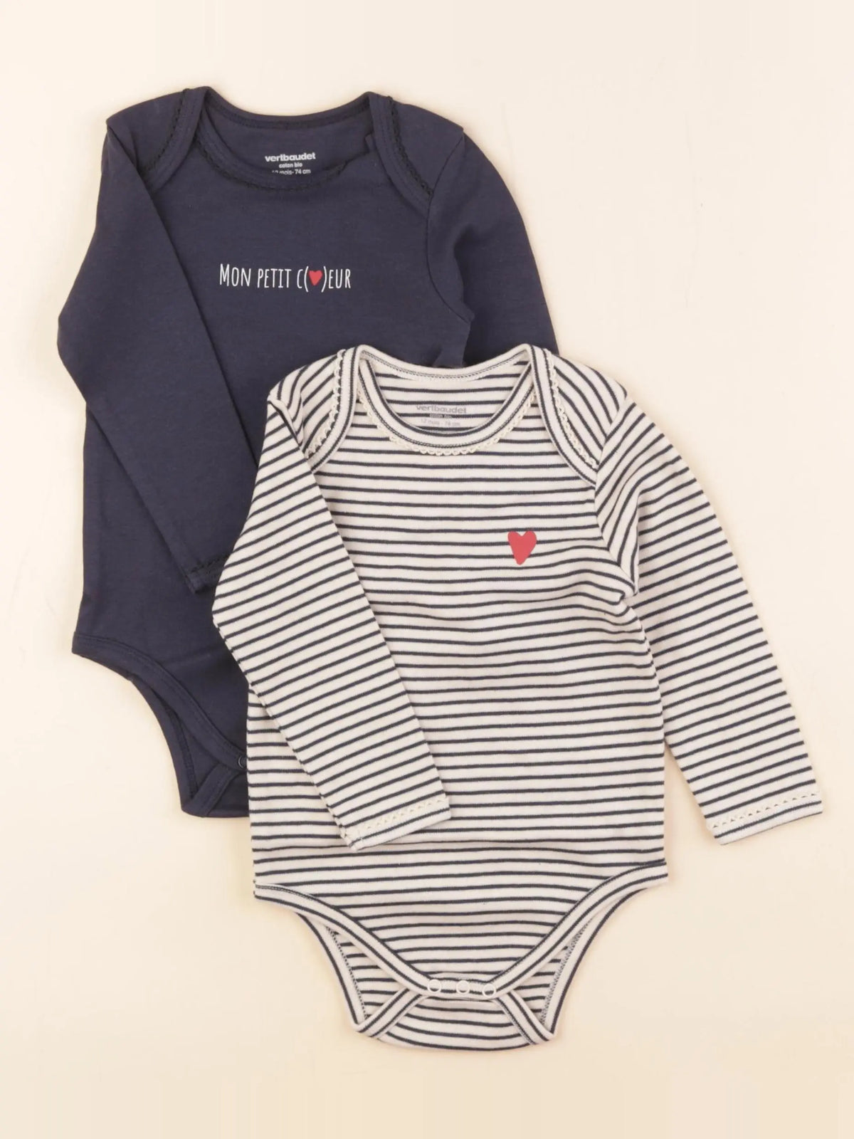 Vertbaudet - lot de 2 bodies en coton beige - 12 mois