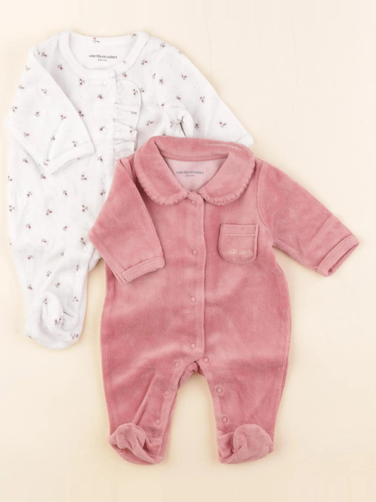 Vertbaudet - lot de 2 pyjamas velours rose, blanc - 0 mois