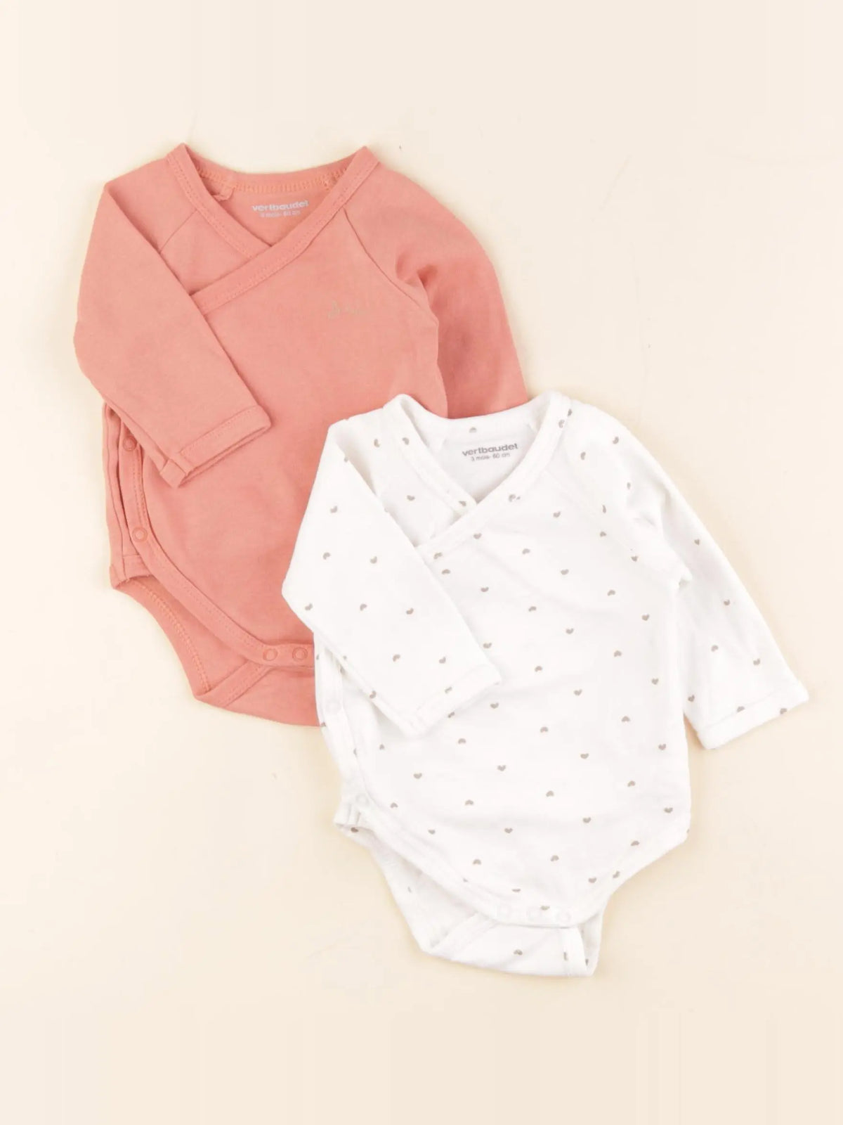Vertbaudet - lot de 2 bodies en coton blanc, rose - 3 mois