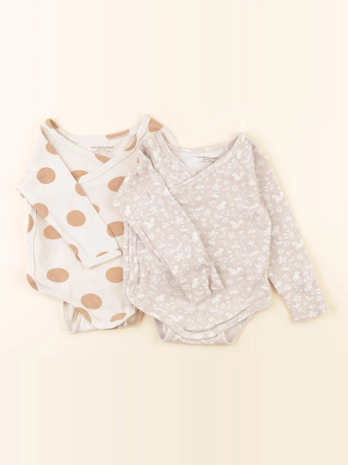 Vertbaudet - lot de 2 bodies en coton beige, marron - 9 mois
