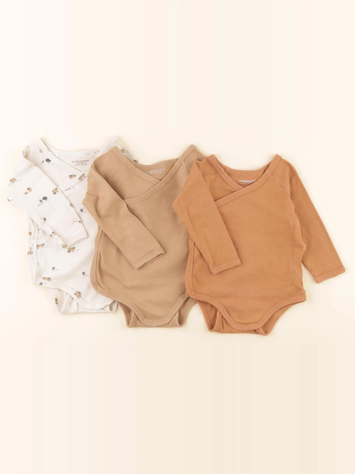Vertbaudet - lot de 3 bodies en coton marron, beige - 9 mois