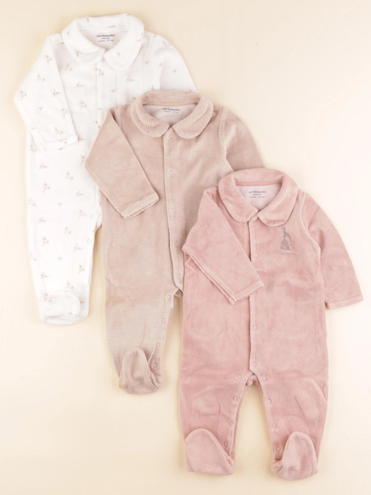 Vertbaudet - lot de 3 pyjamas velours multicolore - 6 mois