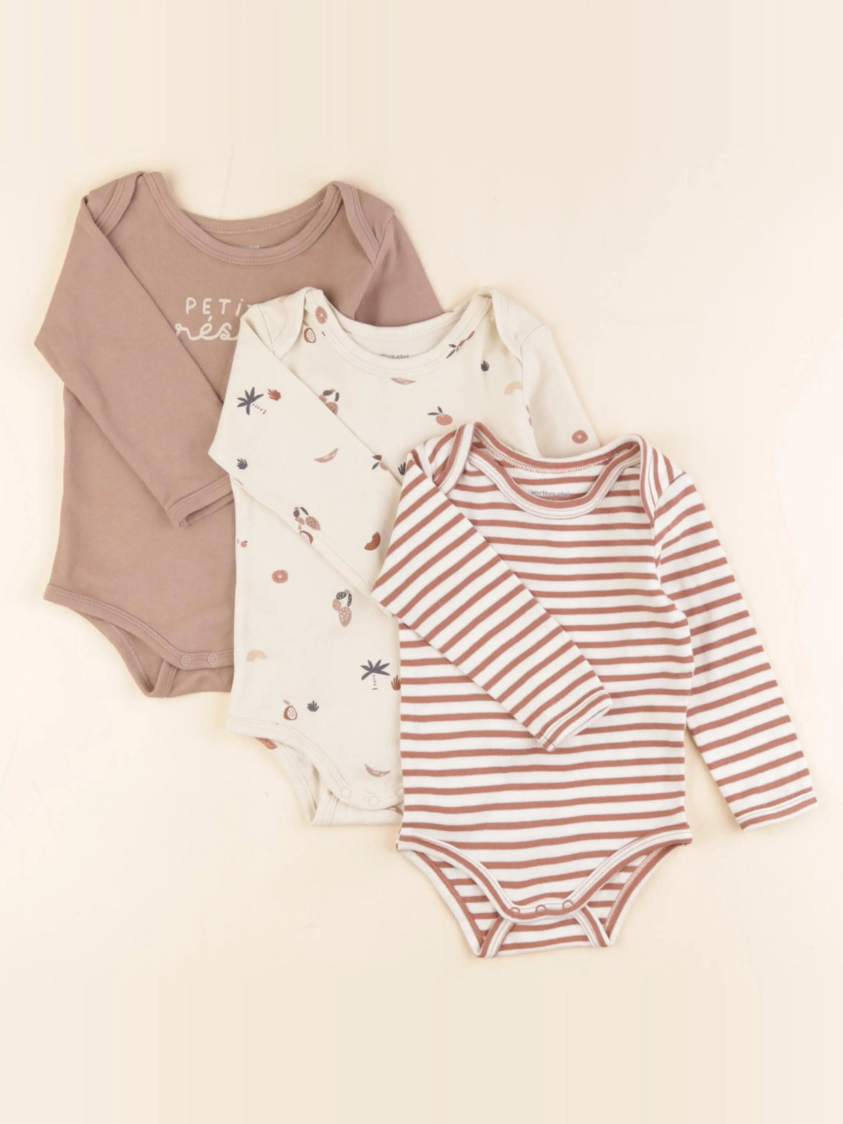 Vertbaudet - lot de 3 bodies en coton marron - 12 mois