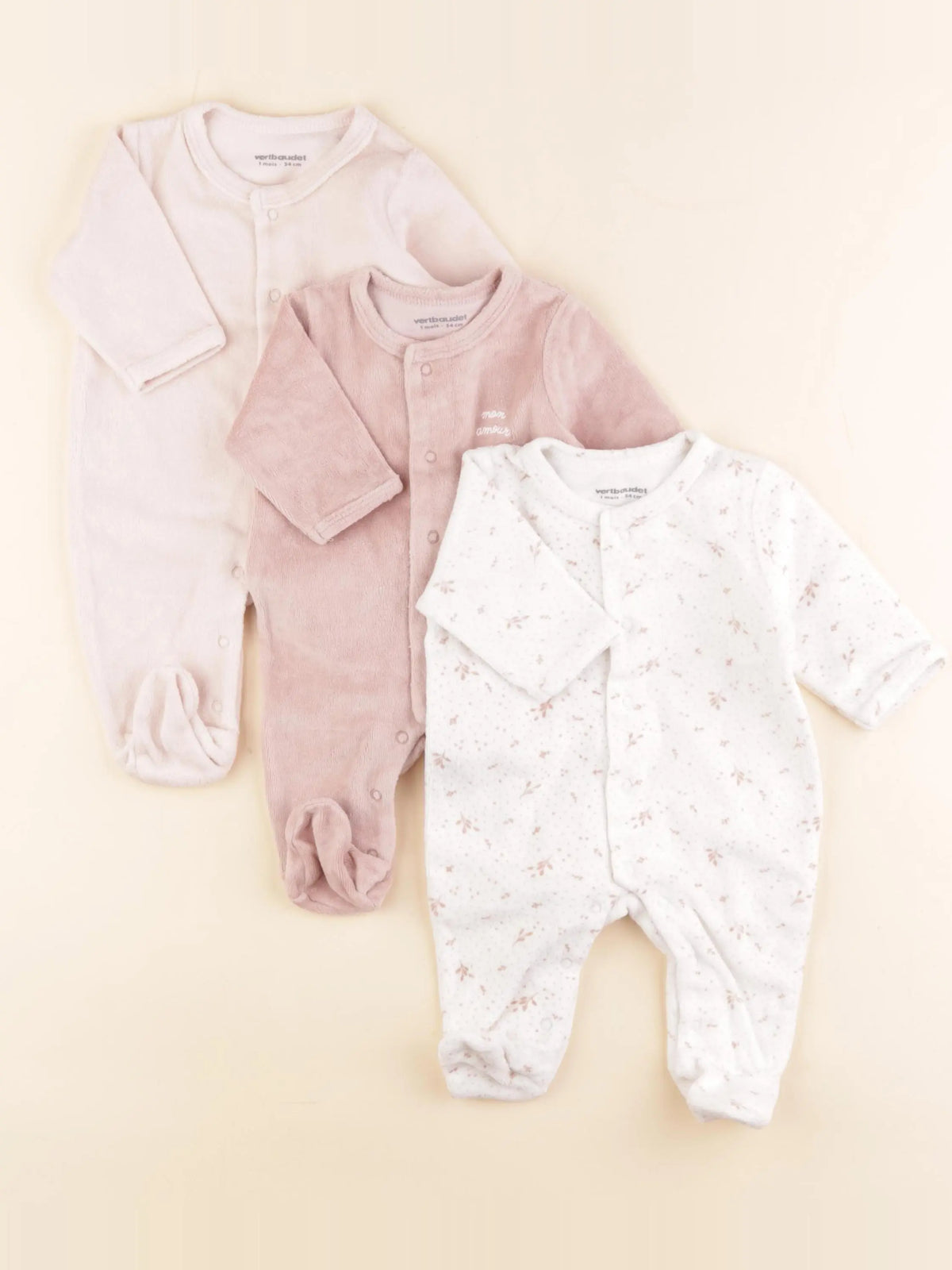 Vertbaudet - lot de 3 pyjamas velours blanc, rose - 1 mois