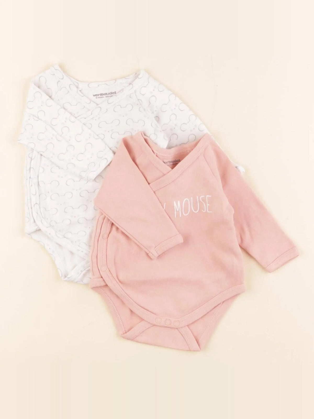 Vertbaudet - lot de 2 bodies en coton rose, blanc - 3 mois