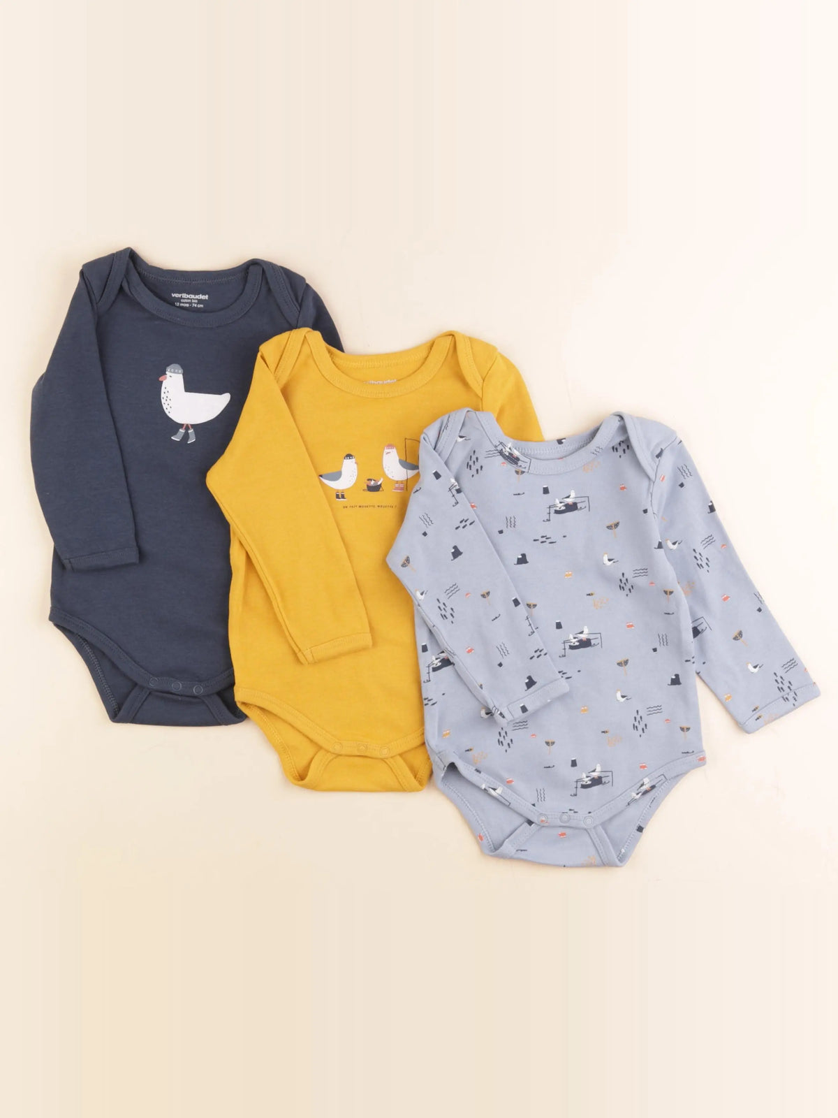Vertbaudet - lot de 3 bodies en coton bleu, jaune - 12 mois