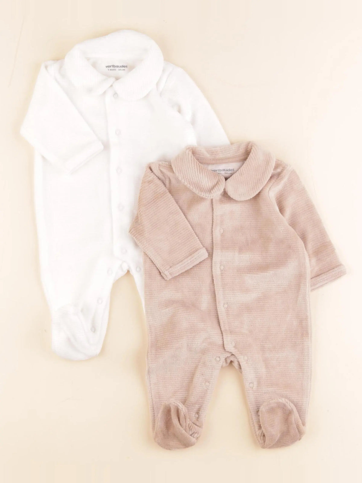 Vertbaudet - pyjama velours blanc, beige - 1 mois