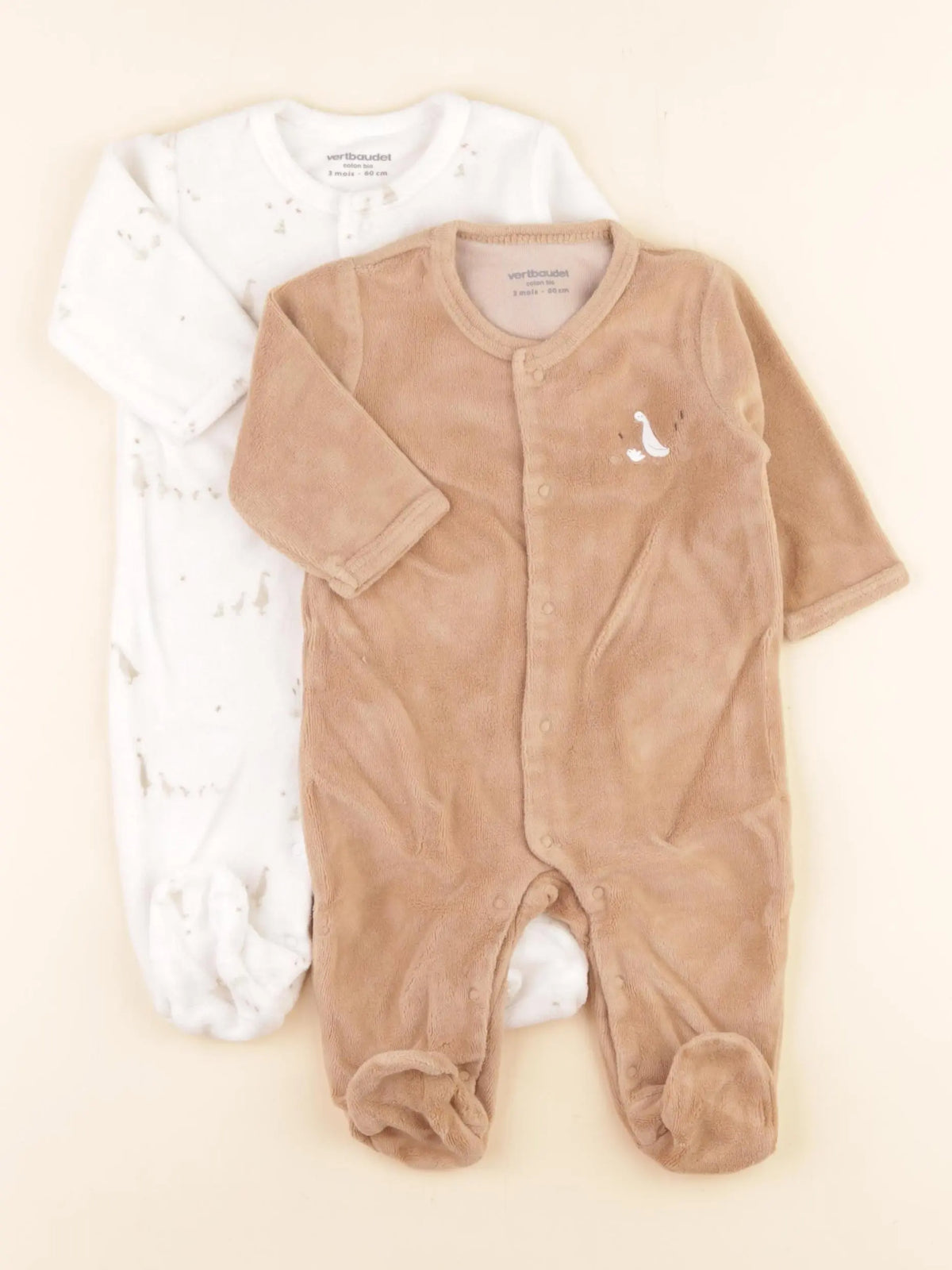 Vertbaudet - lot de 2 pyjamas velours blanc, marron - 3 mois