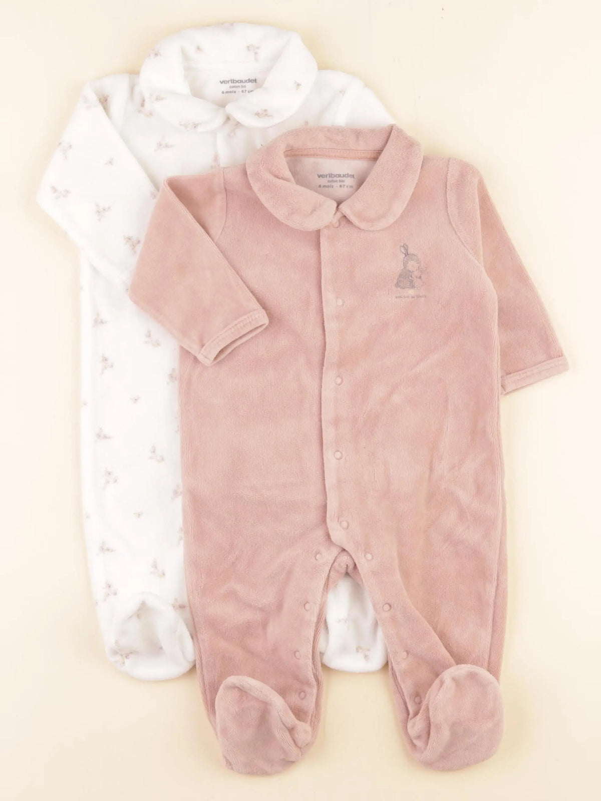 Vertbaudet - lot de 2 pyjamas velours blanc, rose - 6 mois