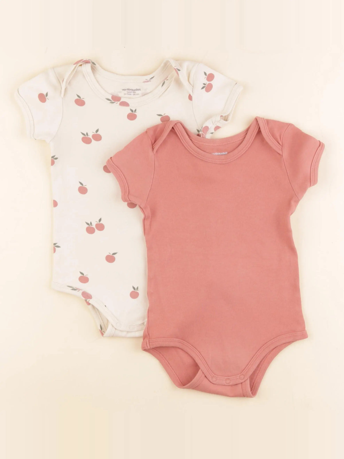 Vertbaudet - lot de 2 bodies en coton rose, beige - 24 mois