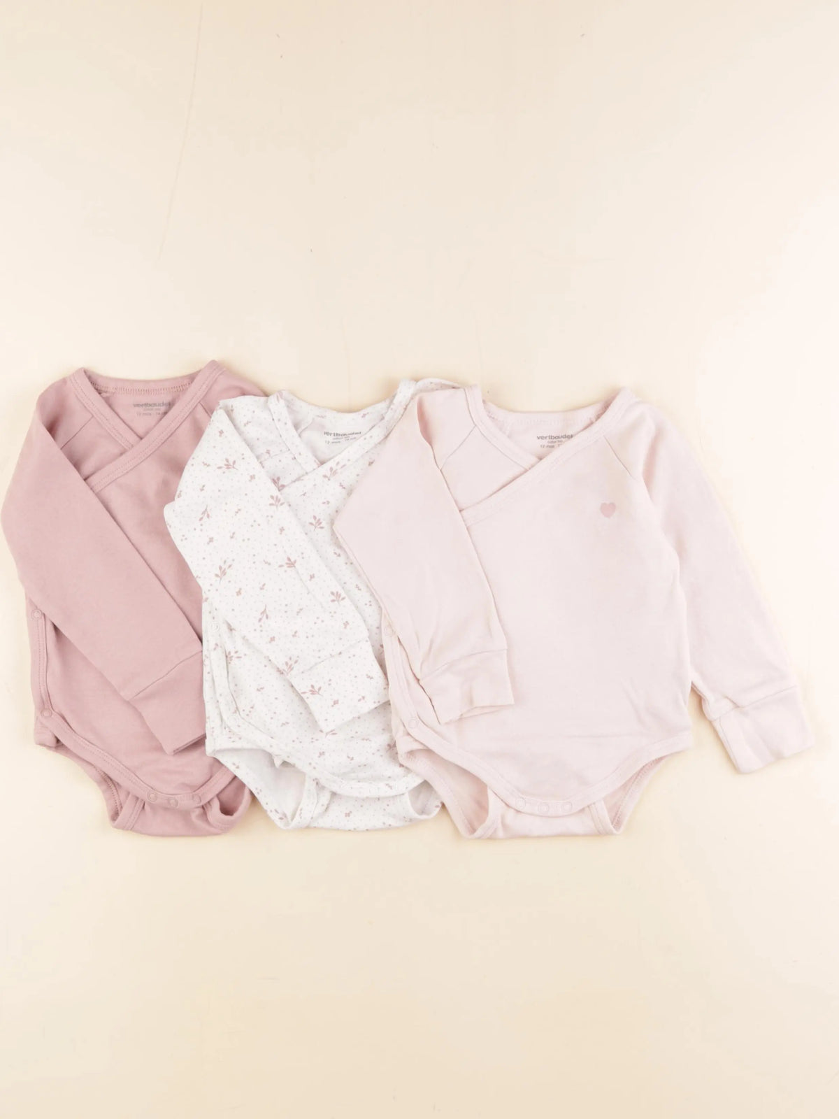 Vertbaudet - lot de 3 bodies en coton rose - 12 mois
